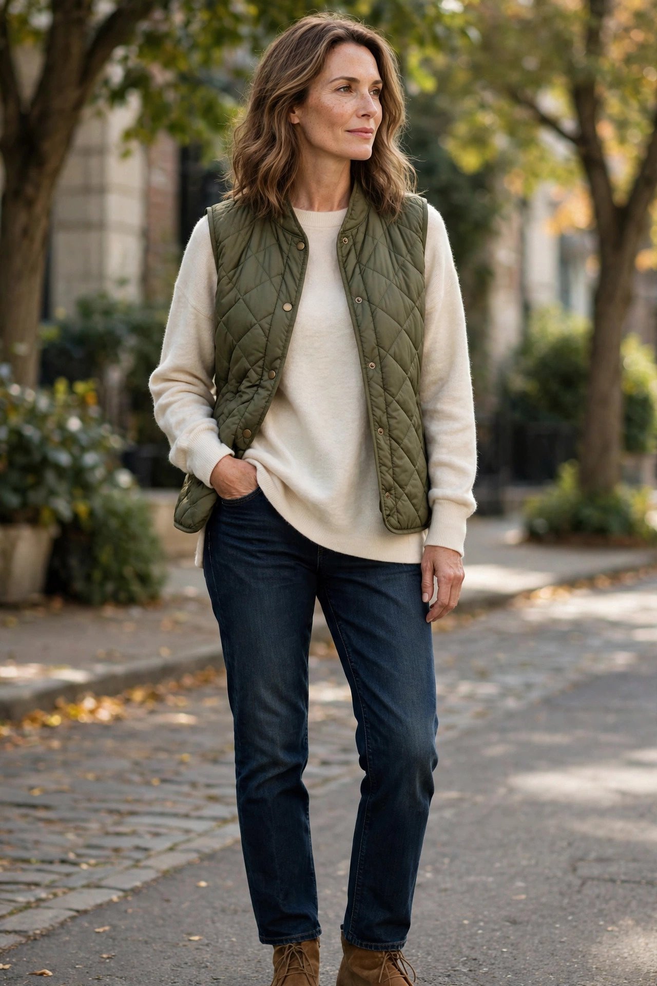 Mature woman in a quilted vest over a soft tunic sweater