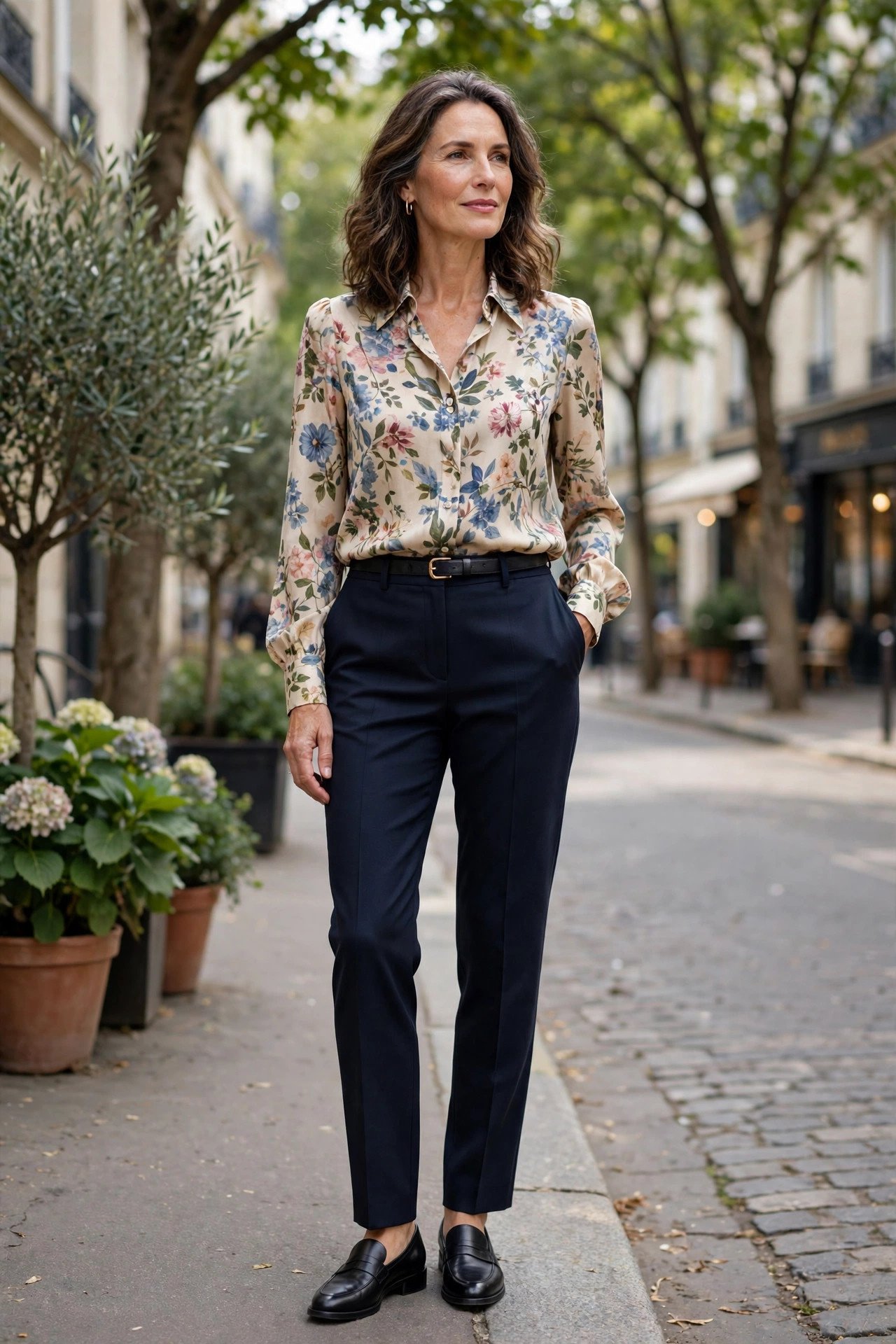 Woman wearing an elegant floral blouse with dark tailored trousers