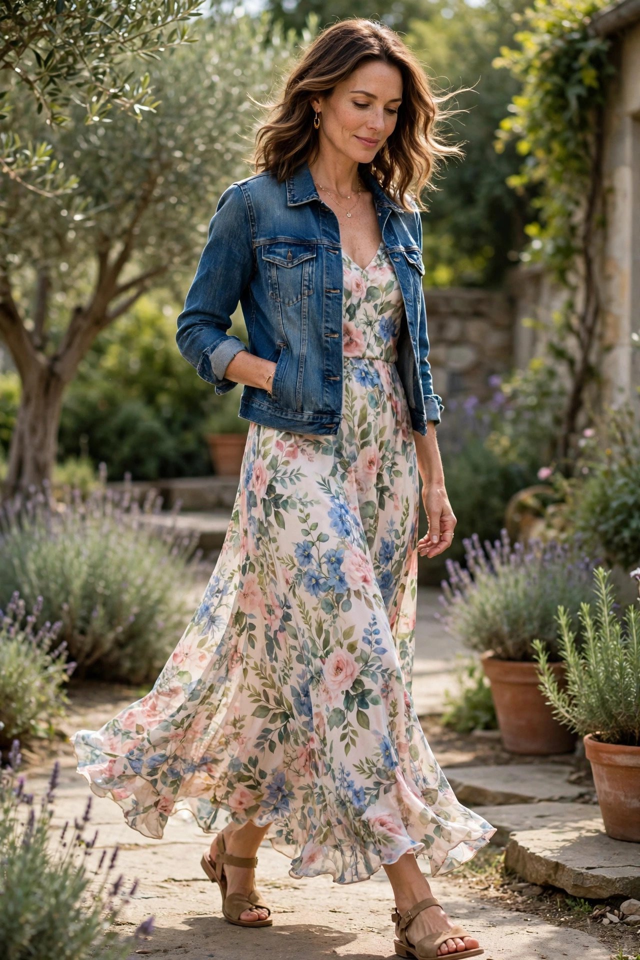 Woman in a flowing maxi dress with a cropped jacket
