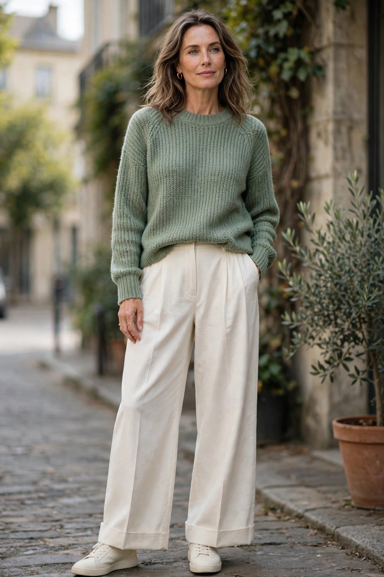 Woman wearing a sage sweater with cream wide-leg pants