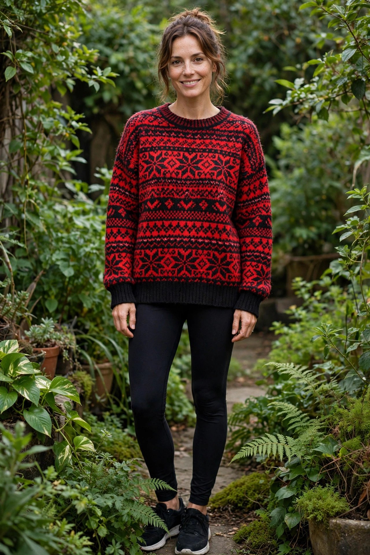 Woman in a thrifted fair isle sweater with leggings