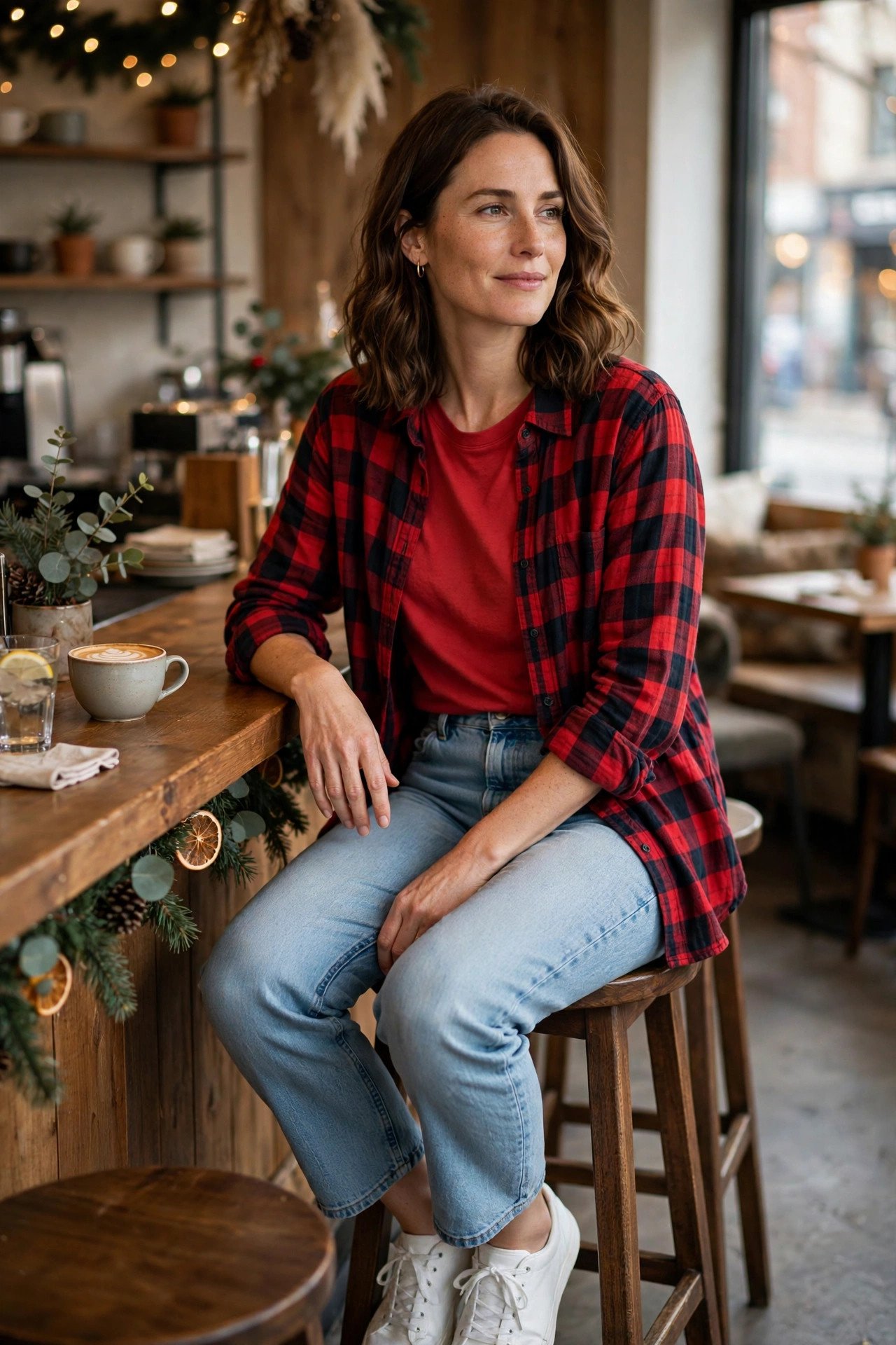 Woman in a red tee with plaid flannel and jeans layered