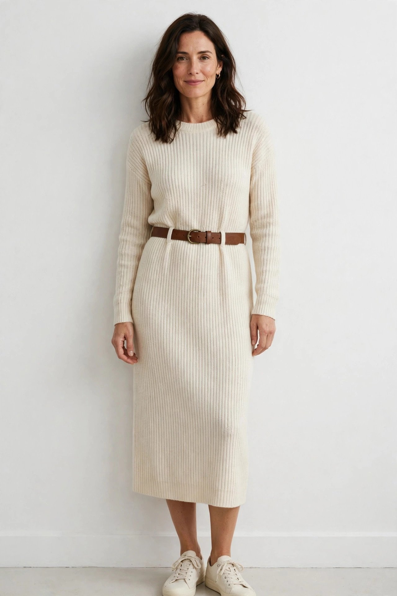Woman in a clearance knit dress with a belt