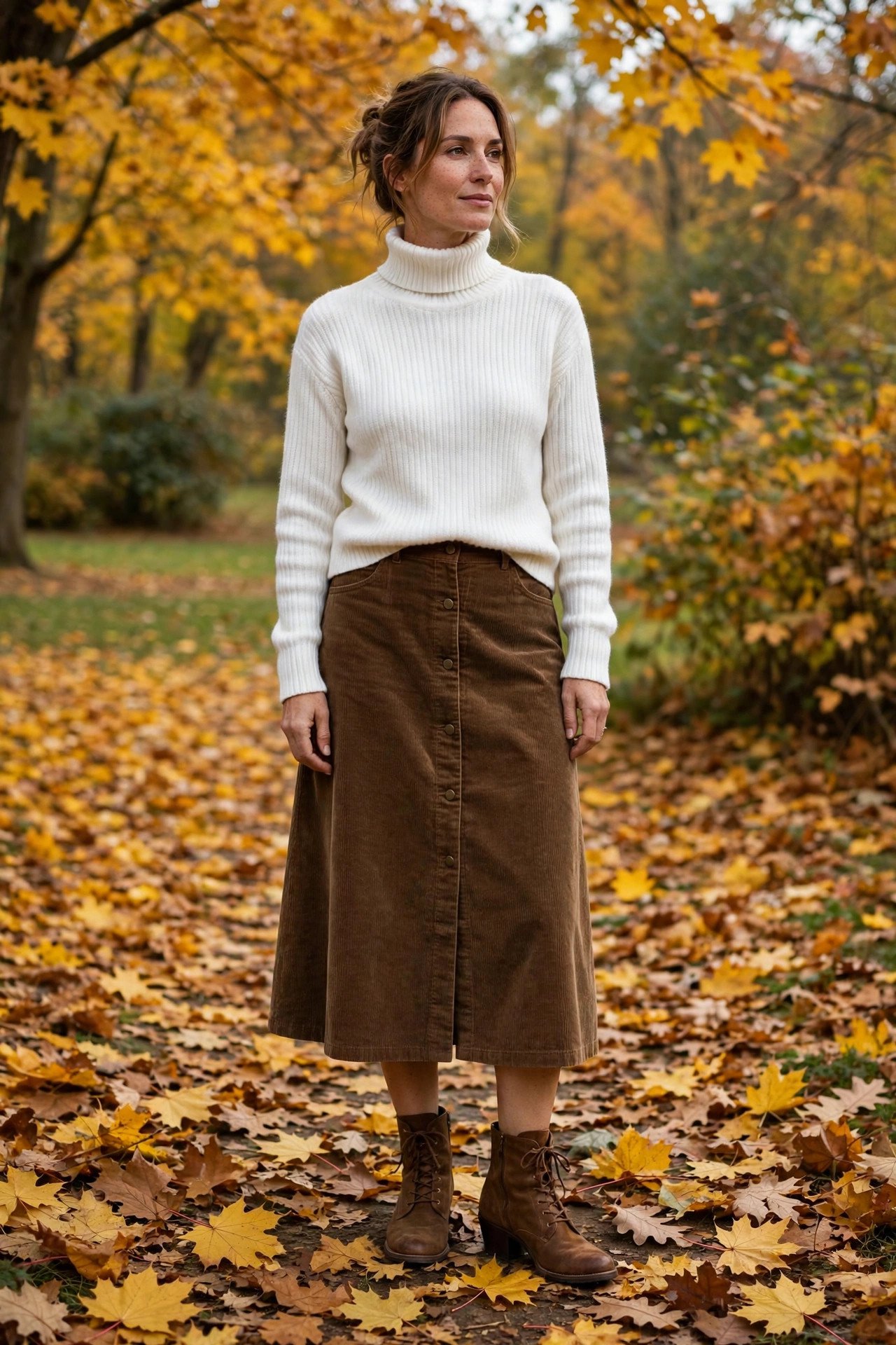 Woman in a white turtleneck with a thrifted corduroy skirt