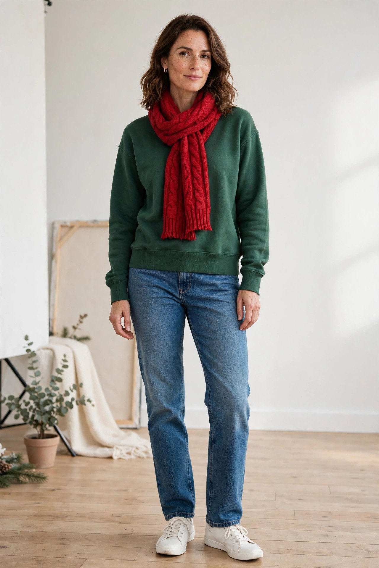 Woman in a green sweatshirt with jeans and a red scarf