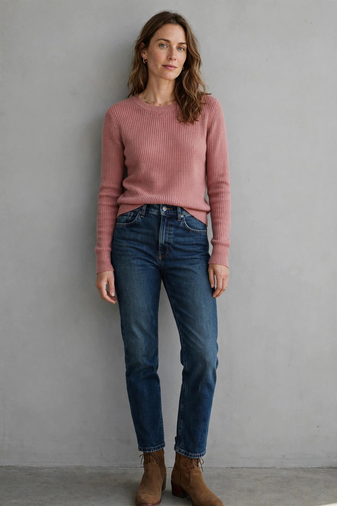 Woman in a simple knit top with dark jeans and boots