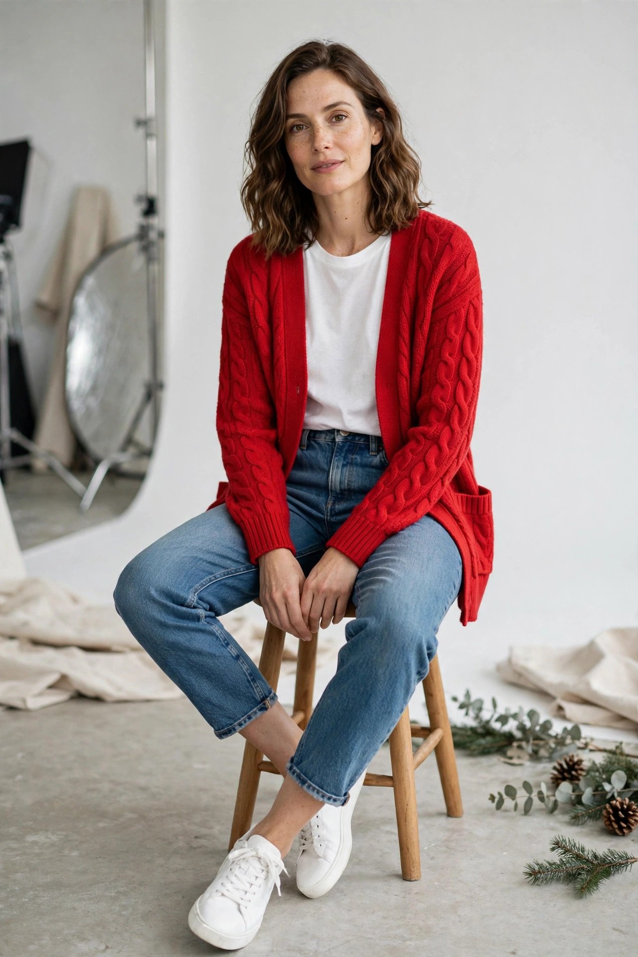 Woman in a red cardigan with a white tee and mom jeans