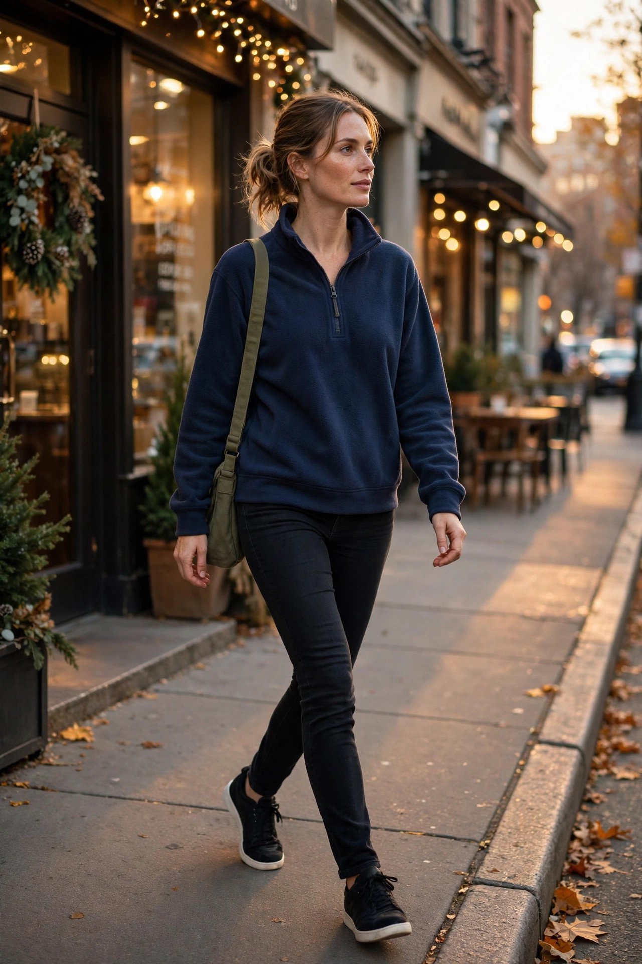Woman in a sale-rack fleece pullover with black jeans