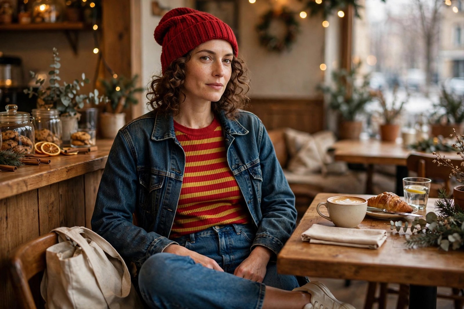 Woman in a striped top with a red beanie and denim jacket