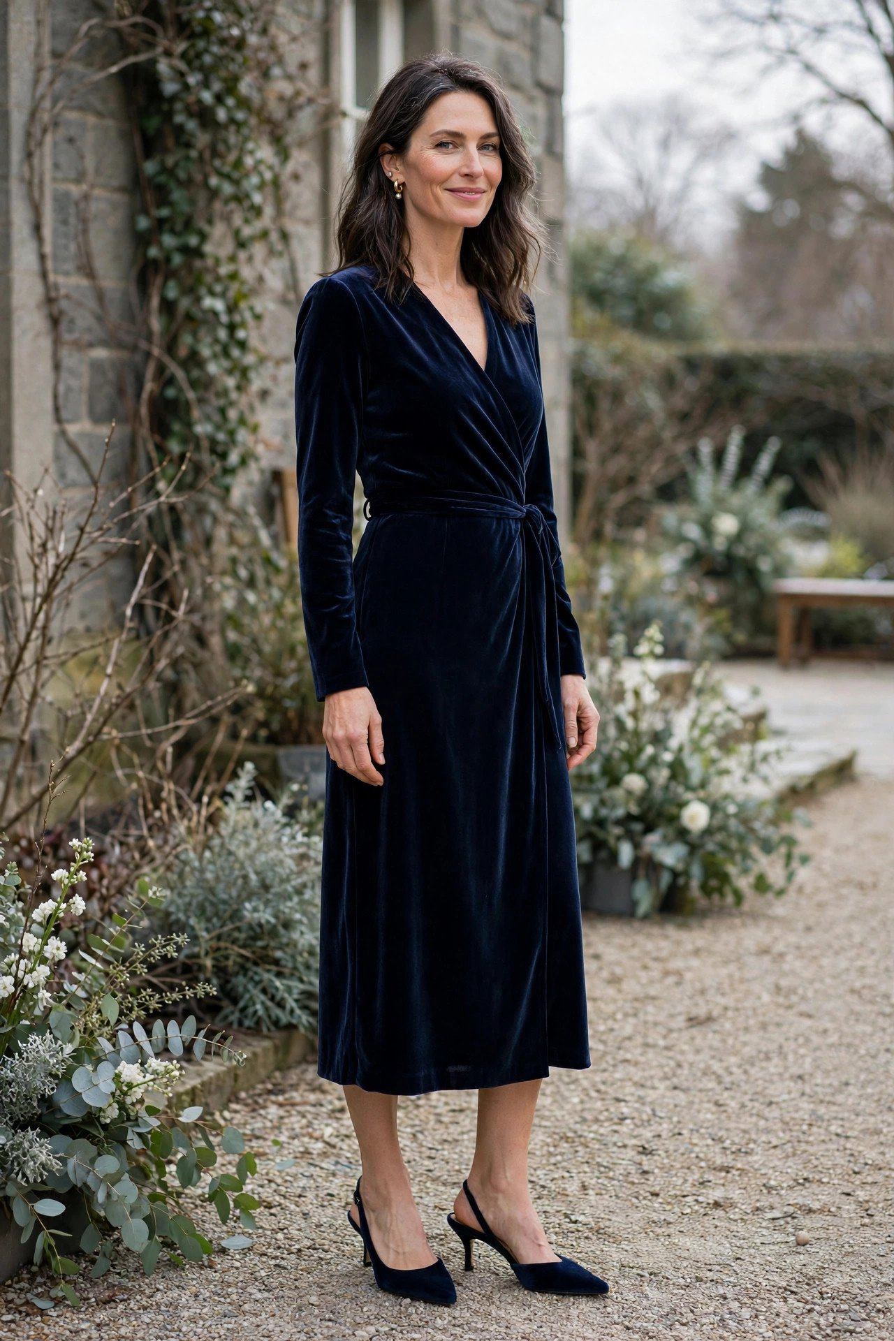 Woman in a navy velvet wrap dress