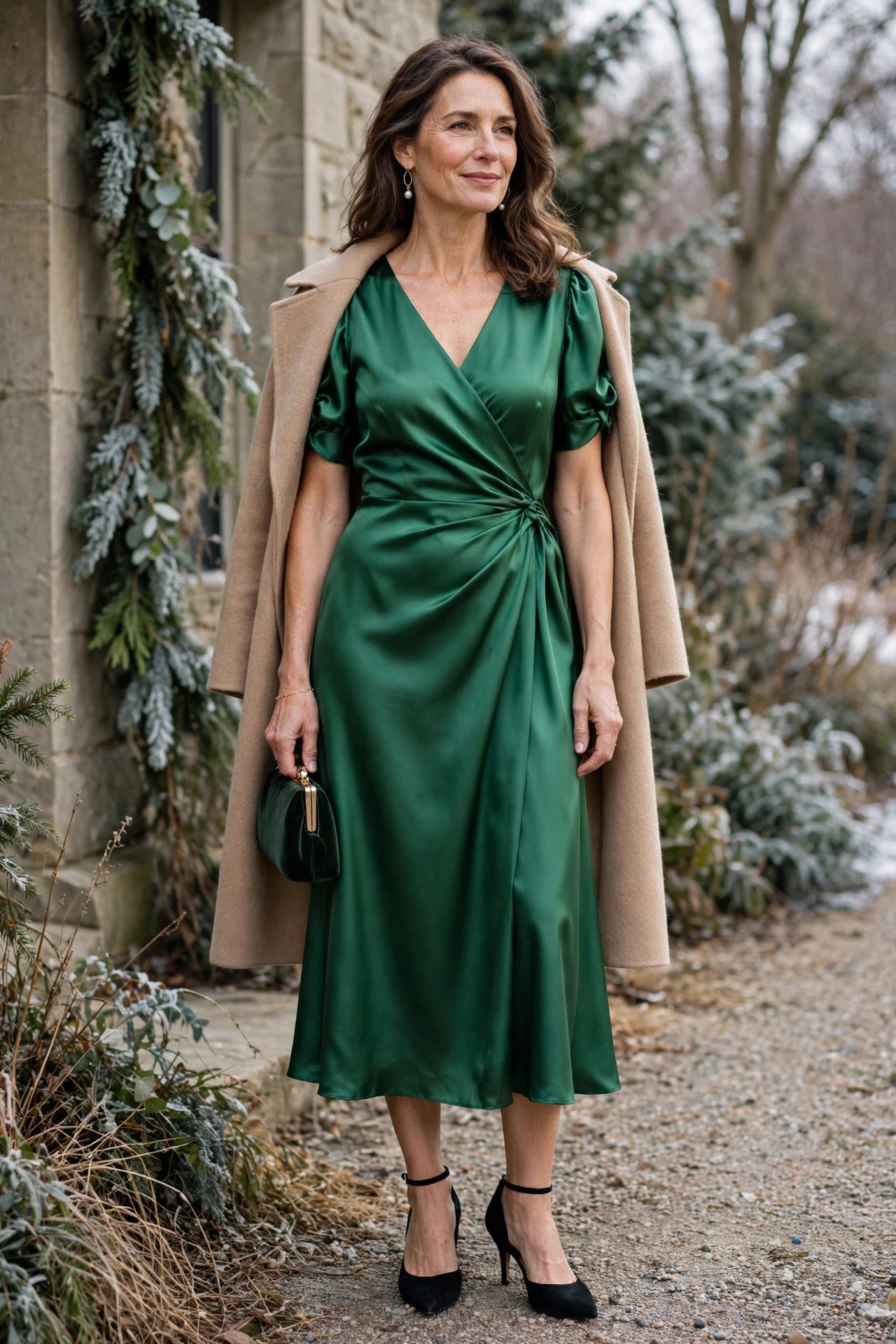 Woman in a jewel green satin midi dress