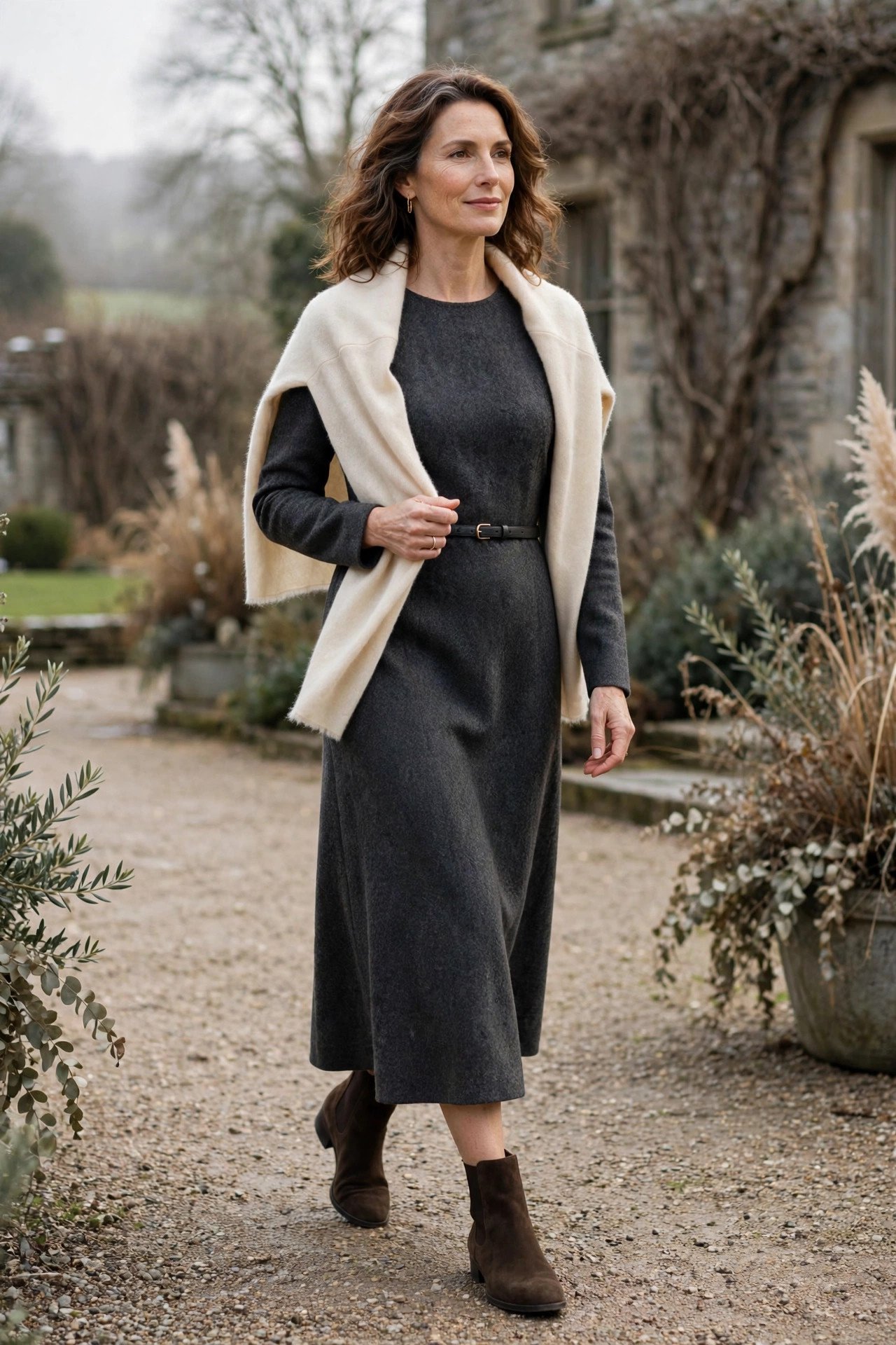 Woman in a charcoal wool midi dress with a shawl