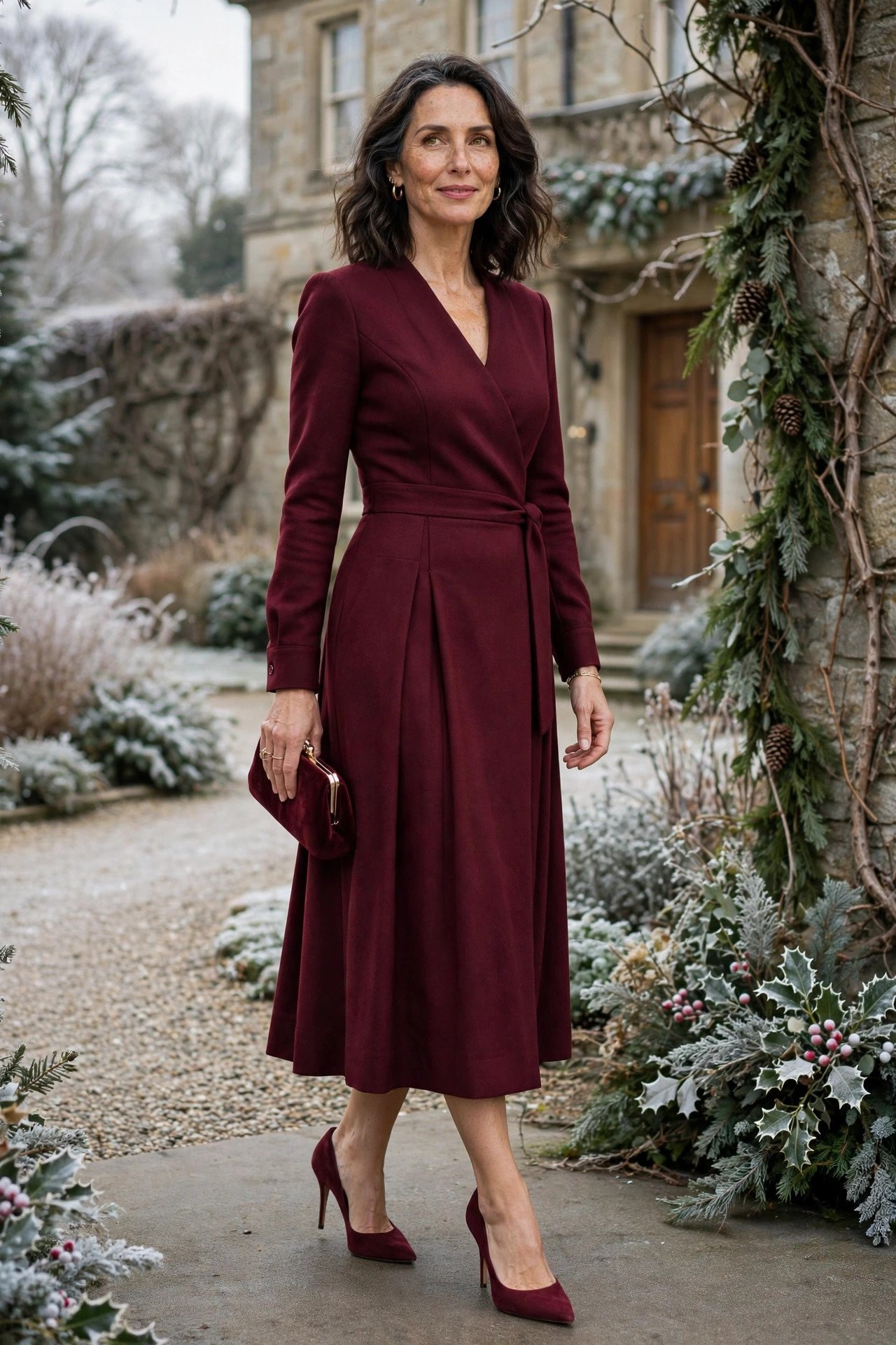 Woman in a tailored burgundy dress