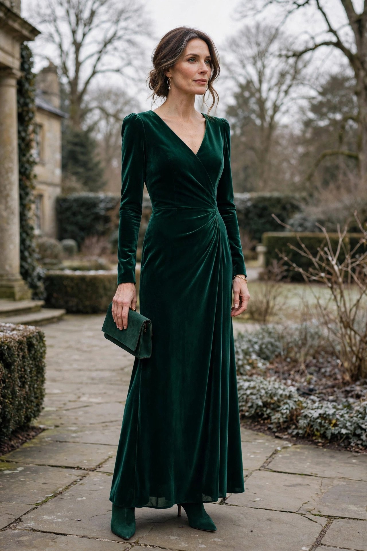 Woman in an emerald long-sleeve gown