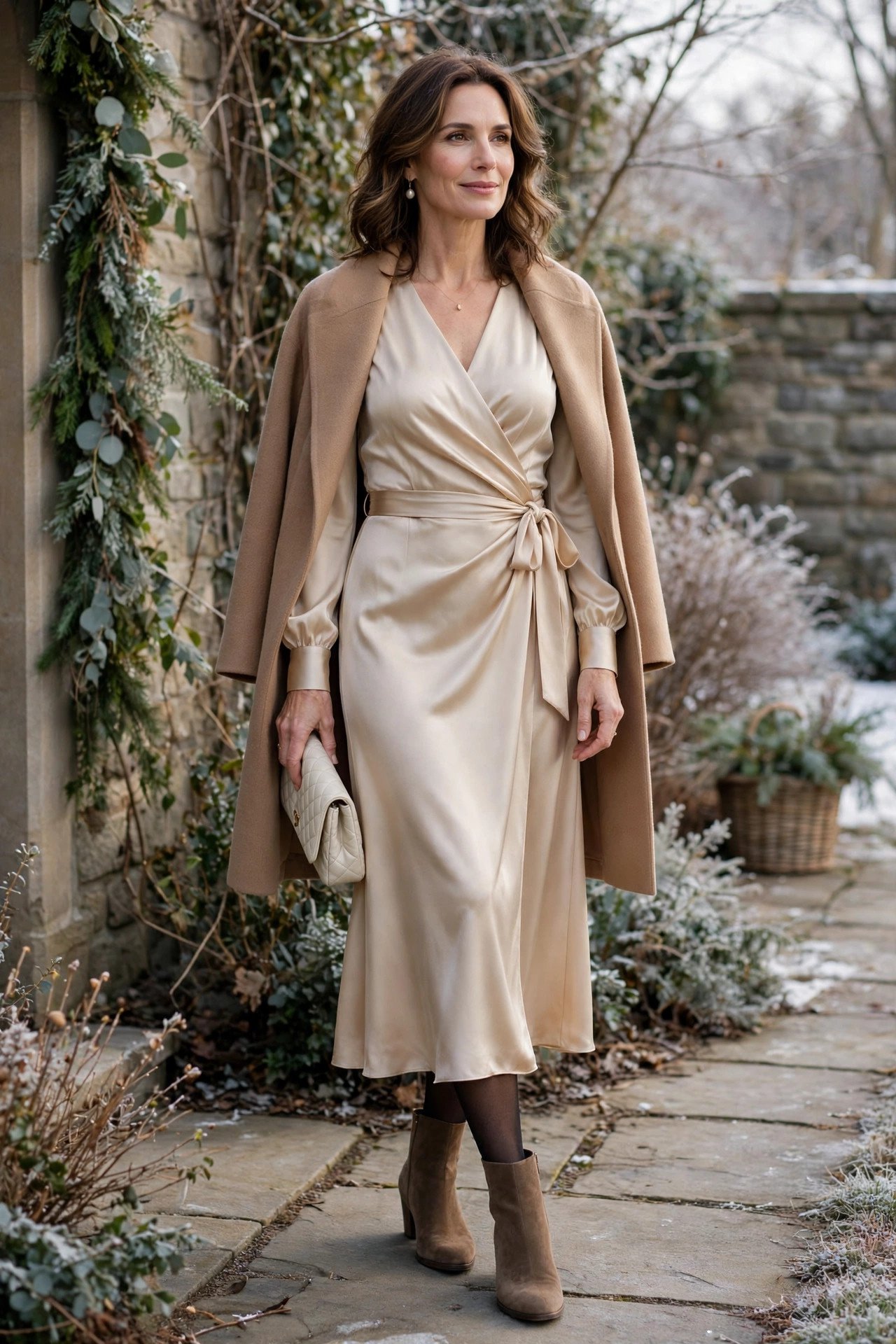 Woman in a champagne wrap dress