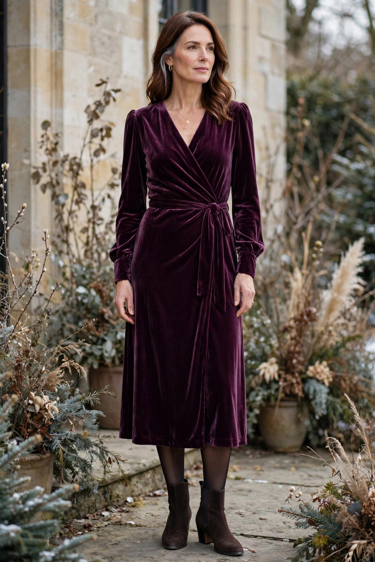 Woman in a plum velvet midi dress