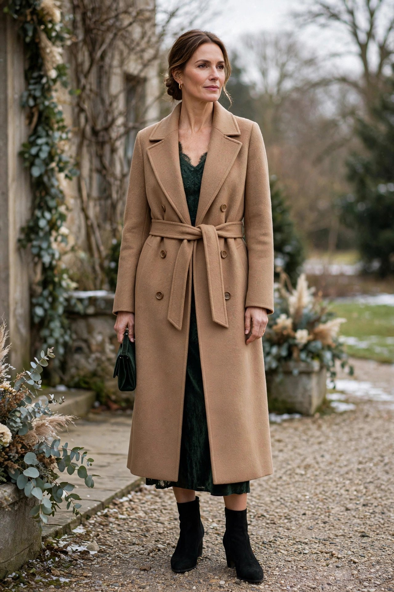 Woman in a camel coat over an elegant dress