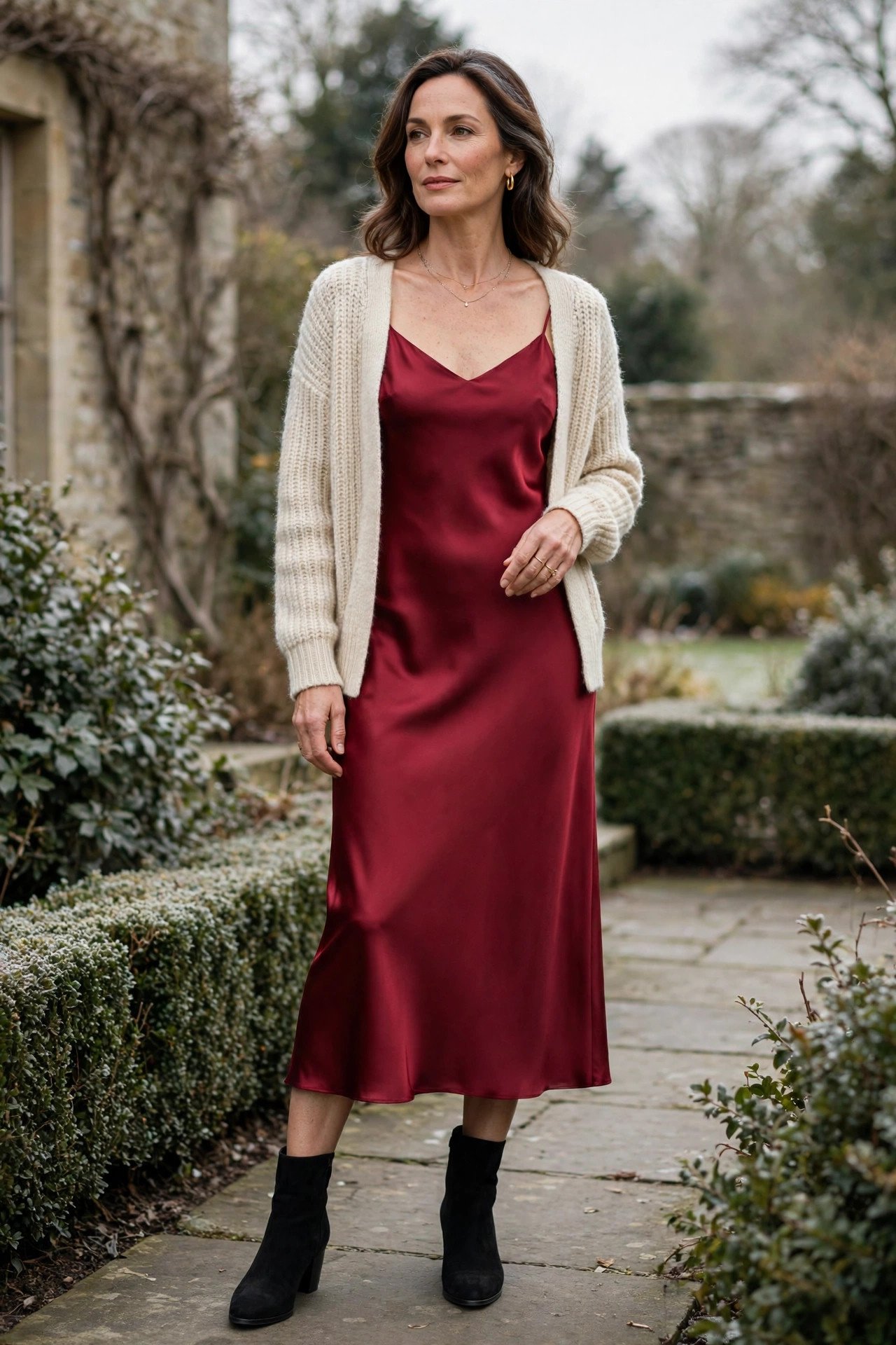 Woman in a wine-red satin slip dress