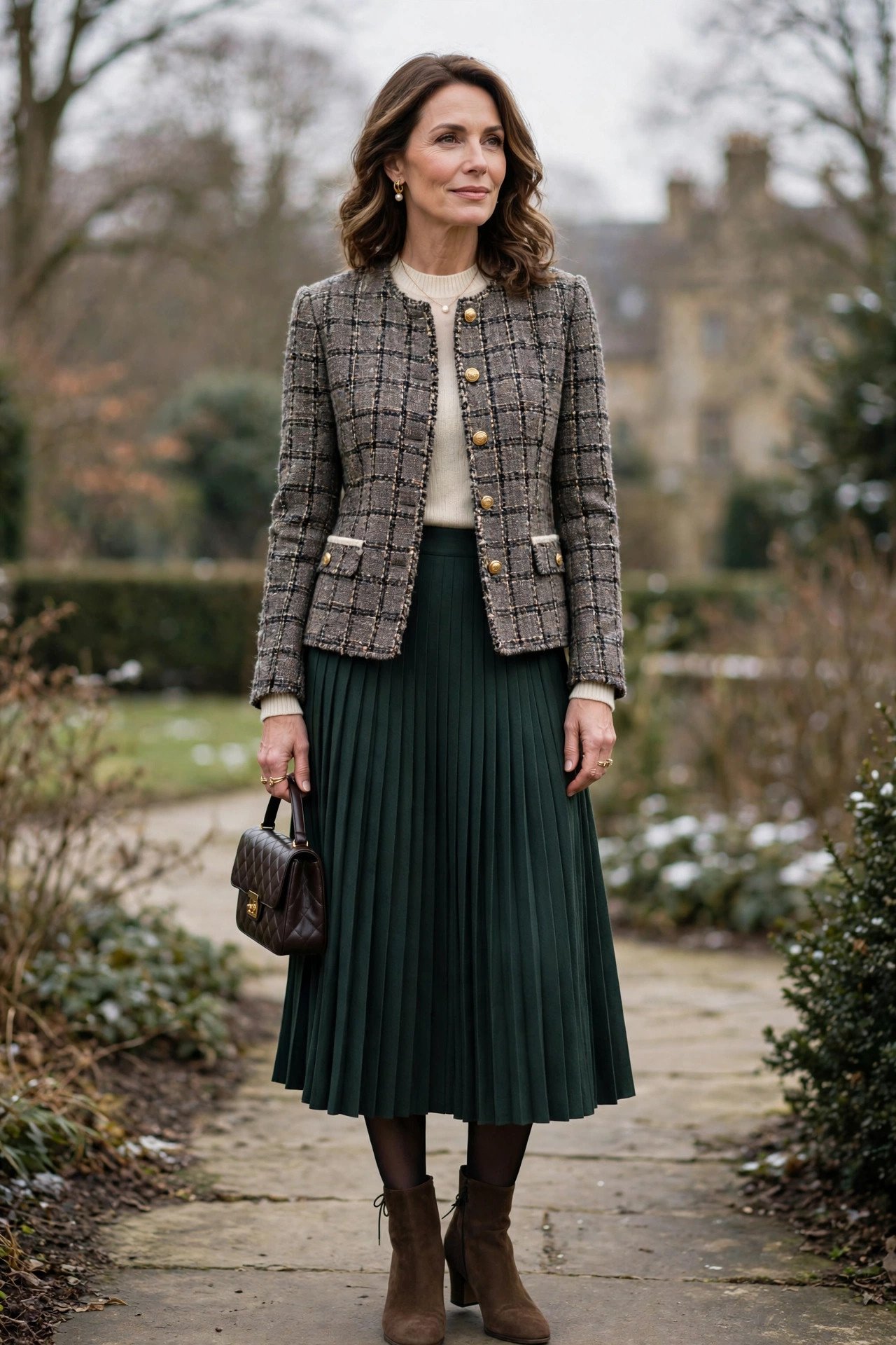 Woman in a tweed jacket with a pleated skirt