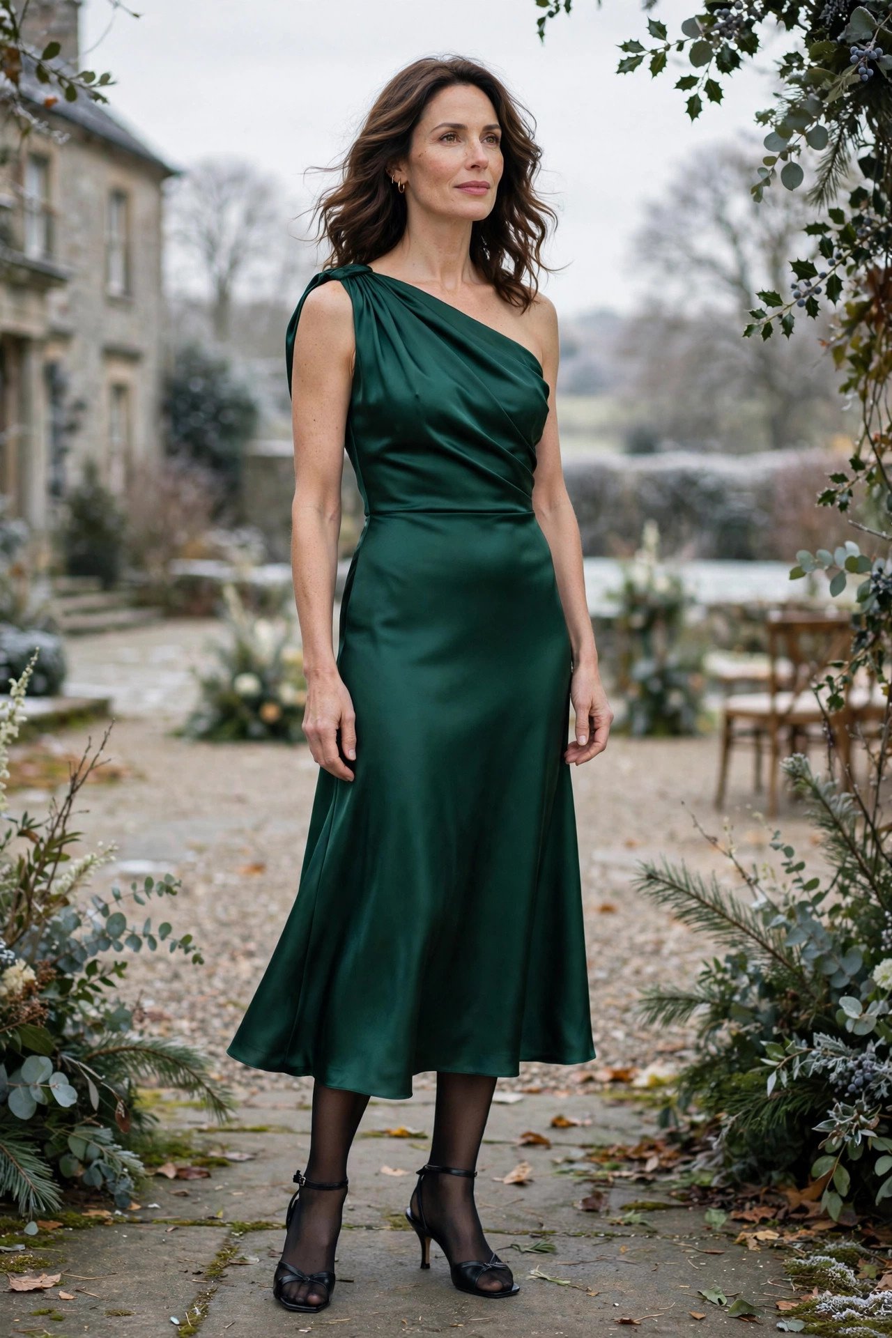 Woman in an emerald one-shoulder dress