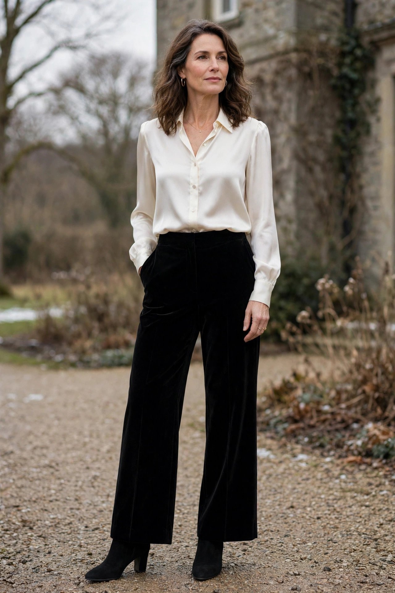 Woman in an ivory blouse with black trousers