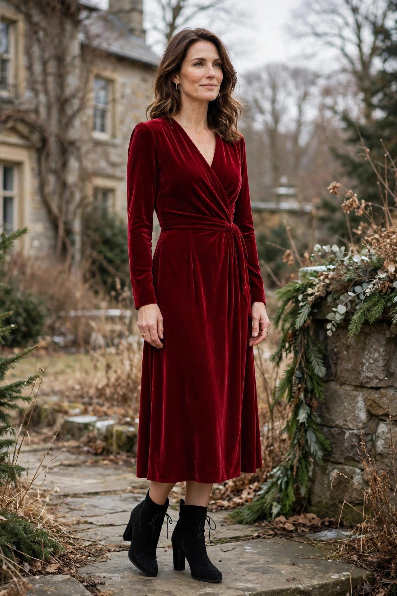 Woman in a deep red midi dress with boots