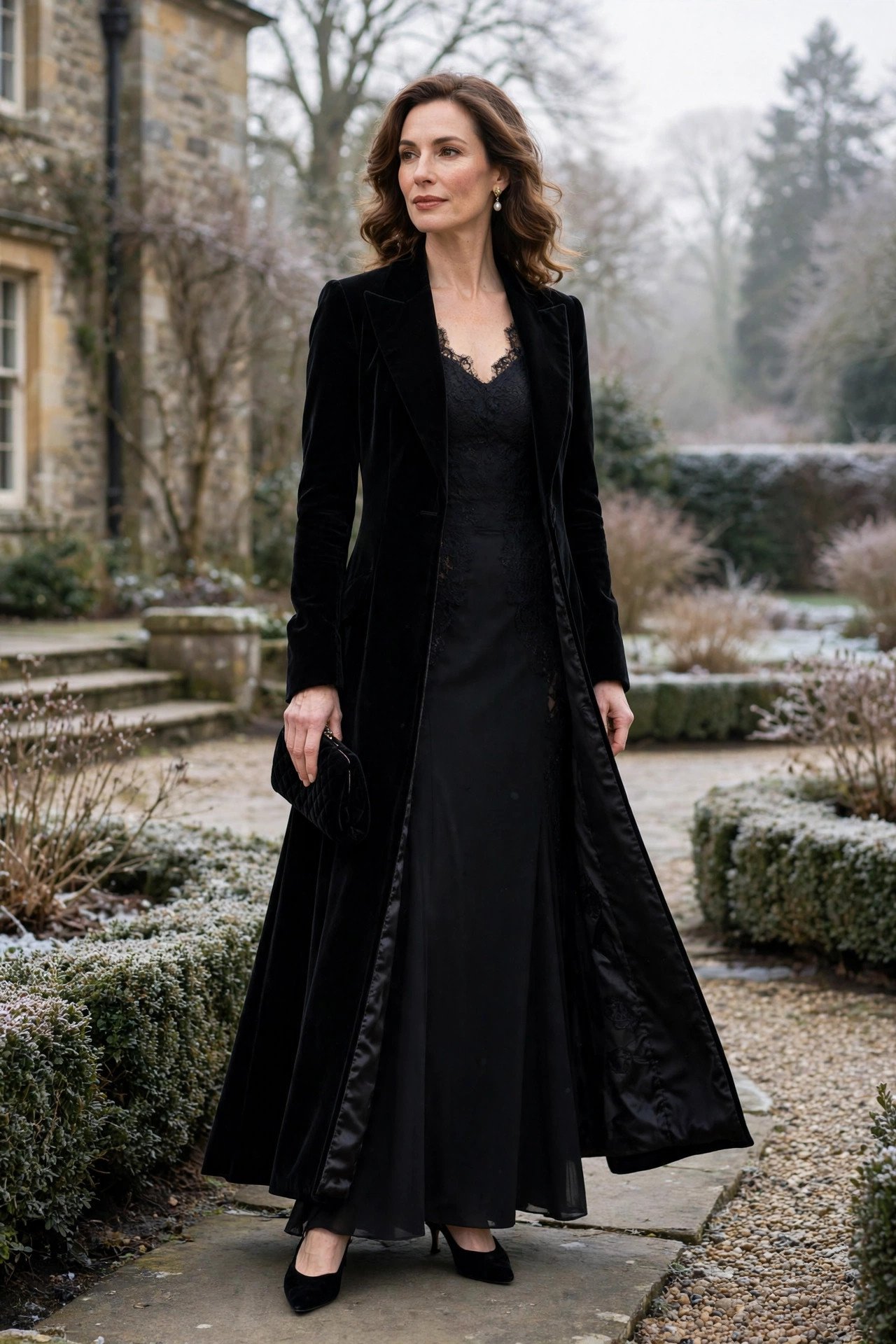 Woman in a black gown with an elegant opera coat