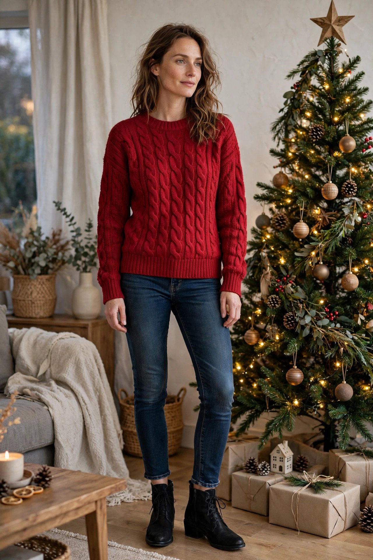 woman in cherry red cable-knit sweater and dark skinny jeans
