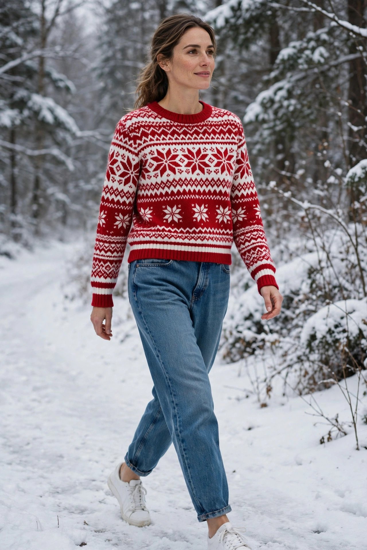 woman in fair isle sweater and relaxed mom jeans