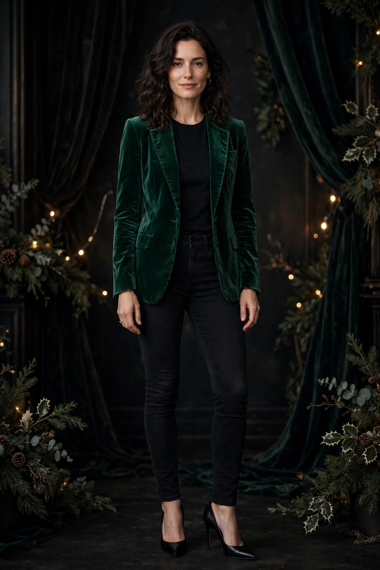 woman in emerald velvet blazer over black skinny jeans