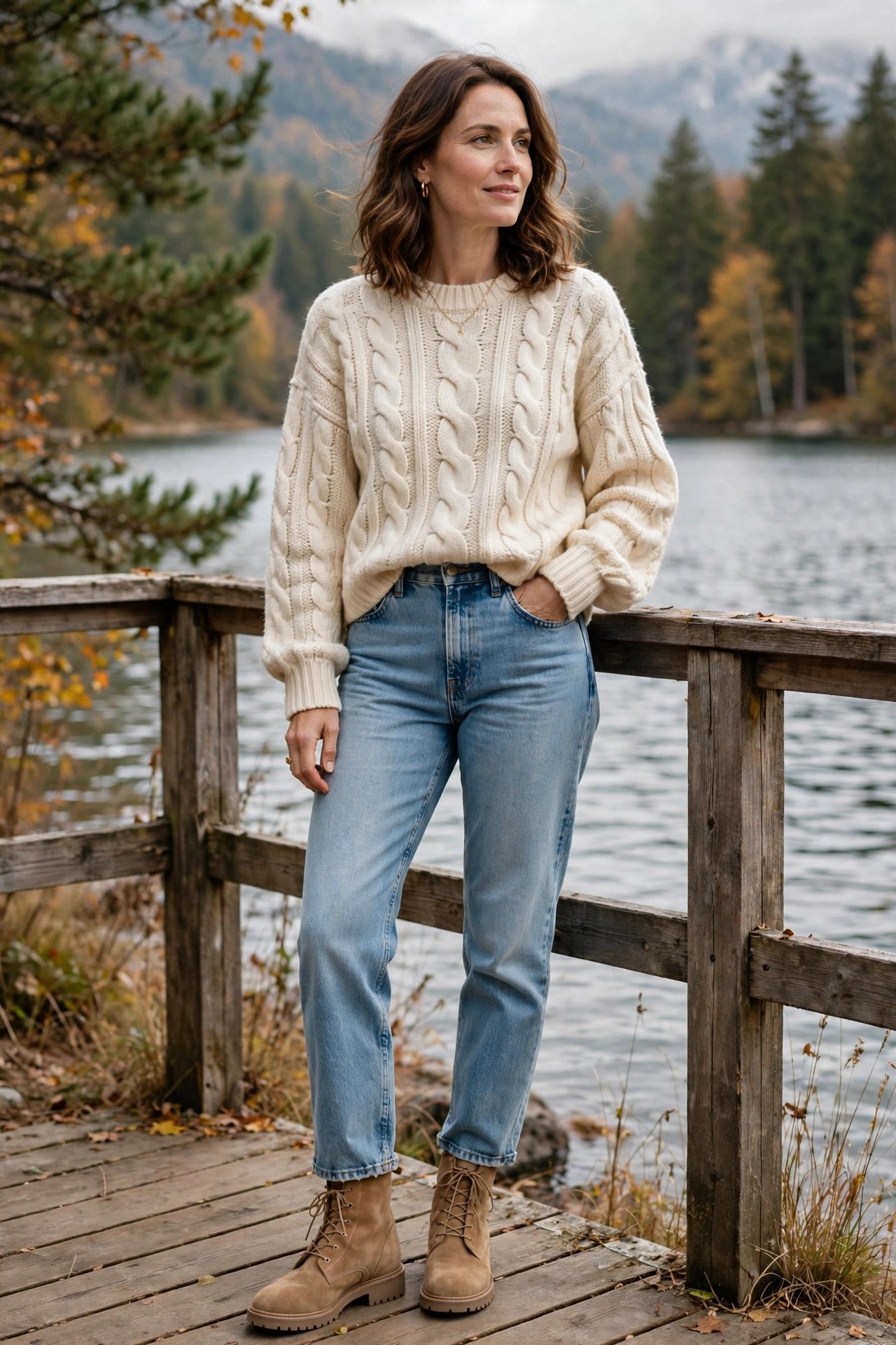 woman in cream chunky knit sweater tucked into light-wash jeans