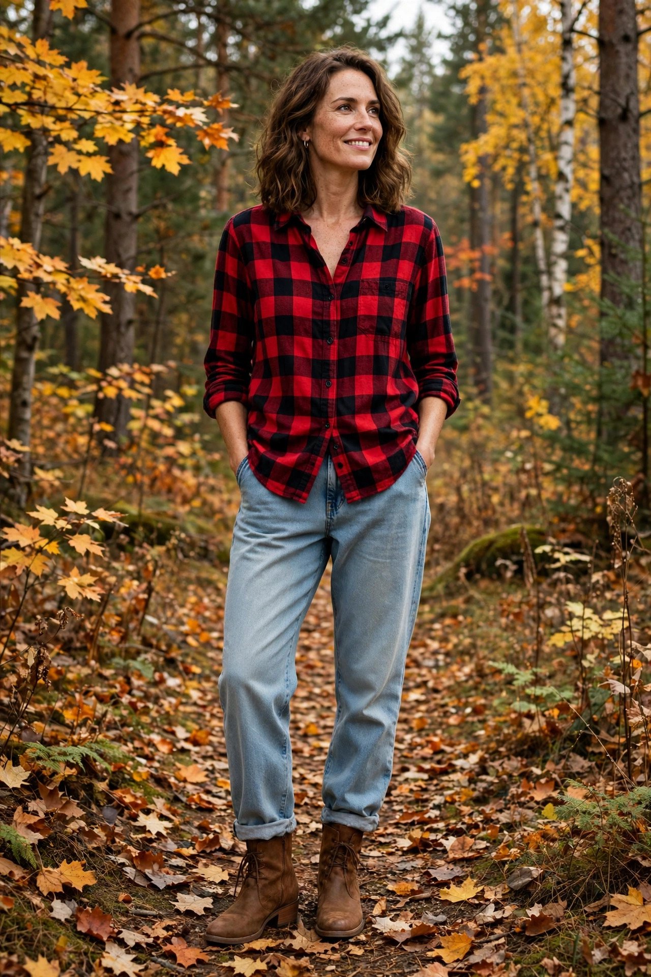 woman in red plaid flannel shirt and boyfriend jeans
