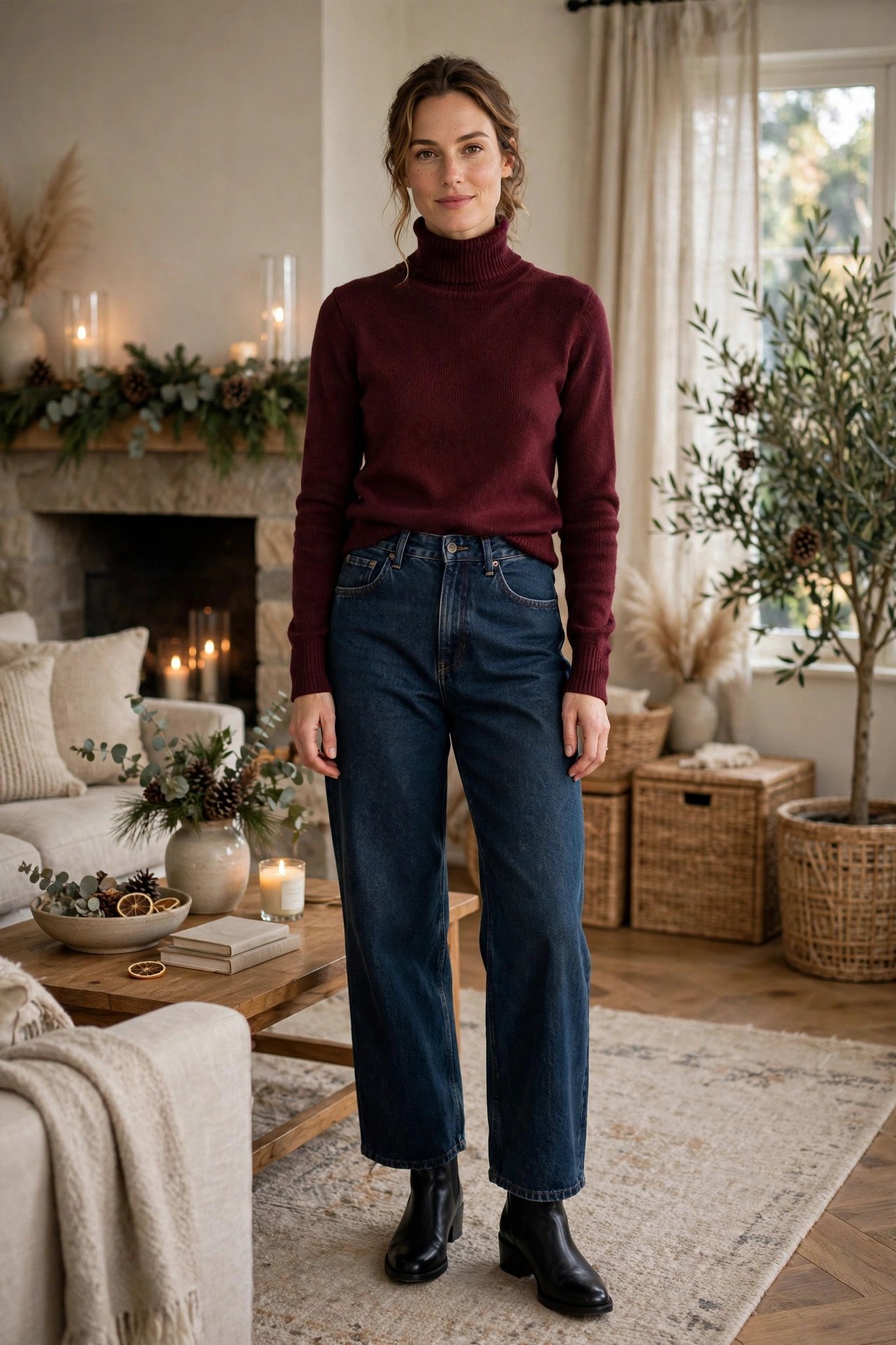 woman in burgundy turtleneck and high-waisted wide-leg jeans