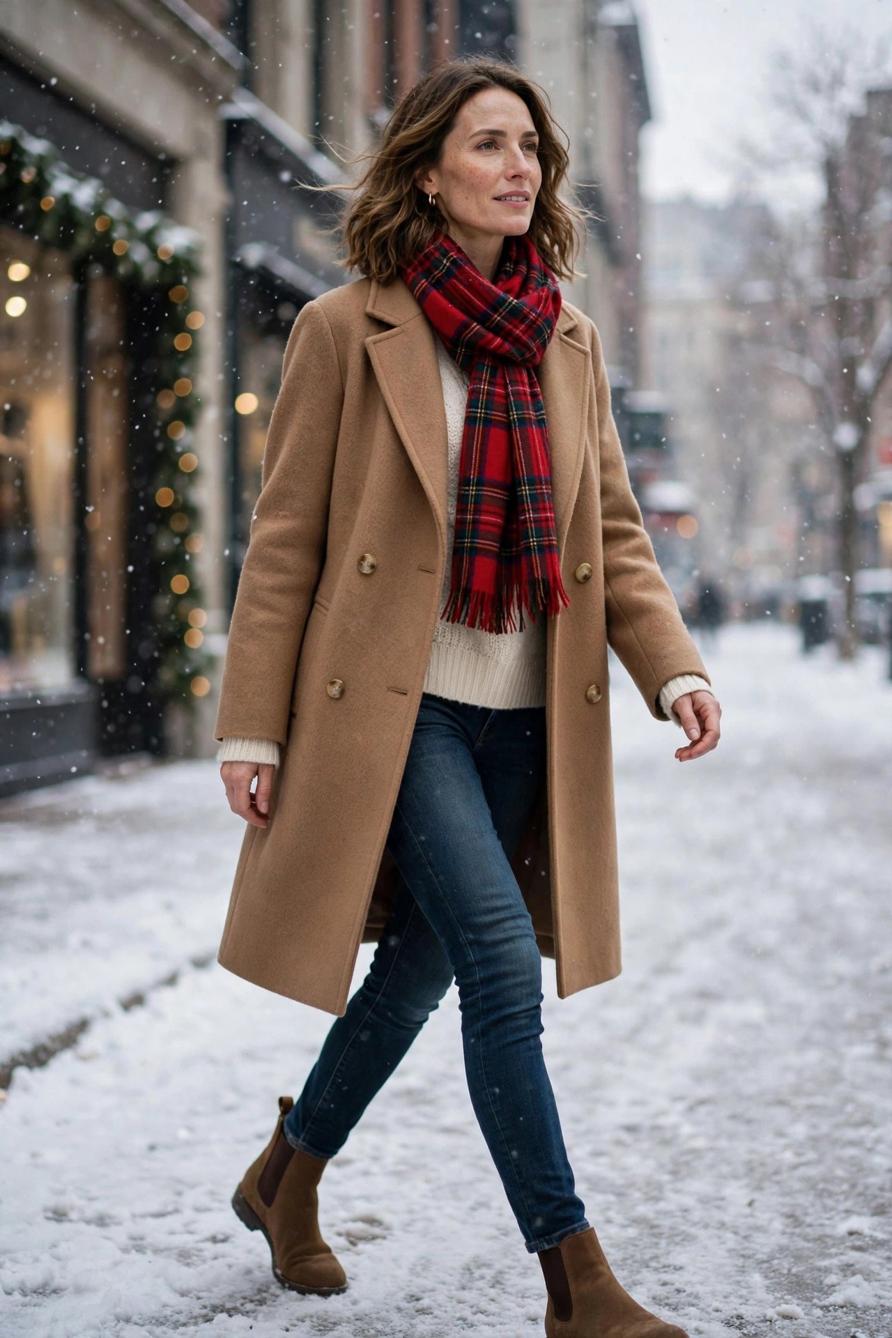 woman in camel wool coat with tartan scarf and dark jeans
