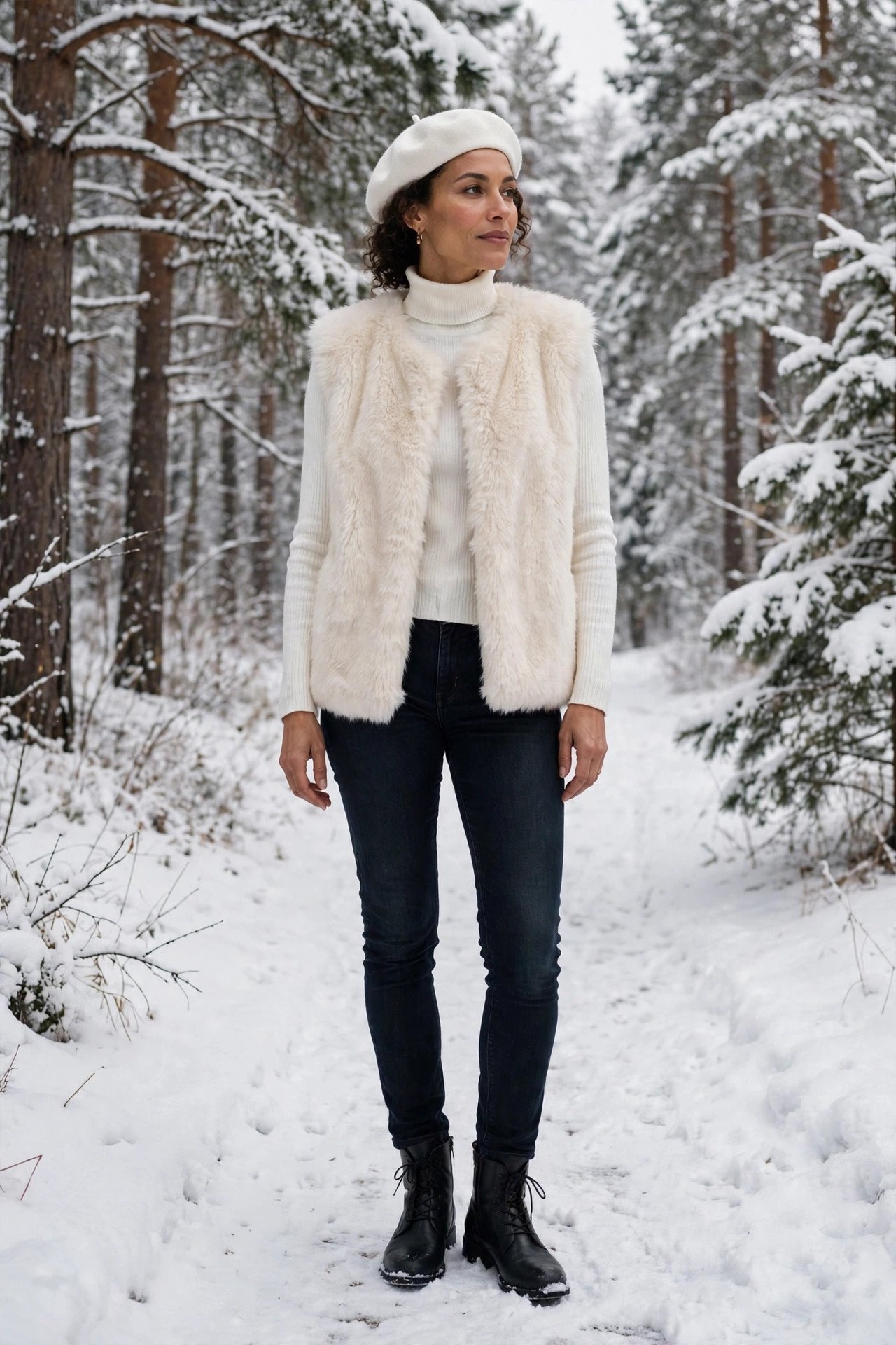 woman in faux fur vest layered over skinny jeans