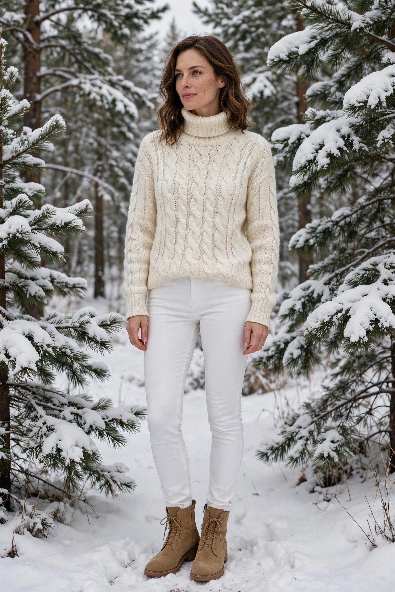 woman in ivory fisherman turtleneck with white jeans