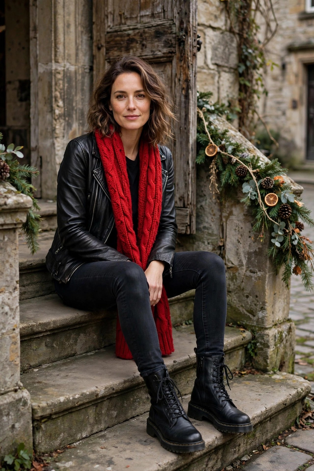 woman in black leather jacket with red scarf and skinny jeans