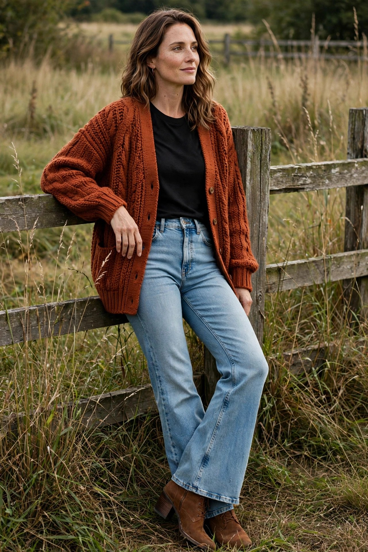 woman in rust-colored grandpa cardigan and flared jeans