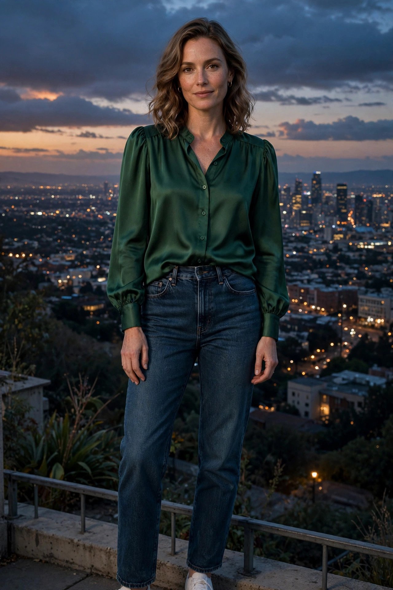 woman in deep green silk blouse tucked into dark jeans