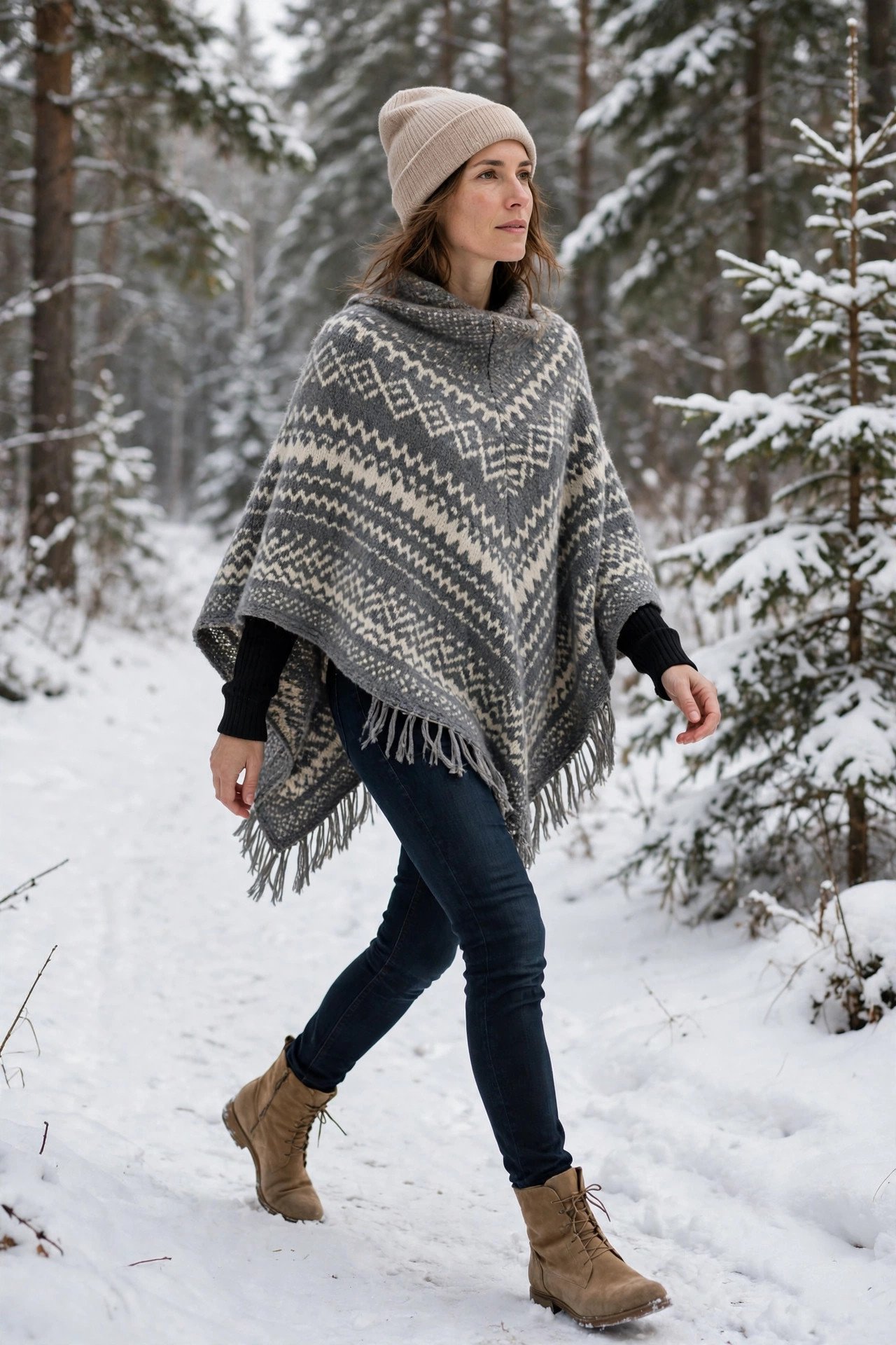 woman in knit poncho with skinny jeans and suede boots