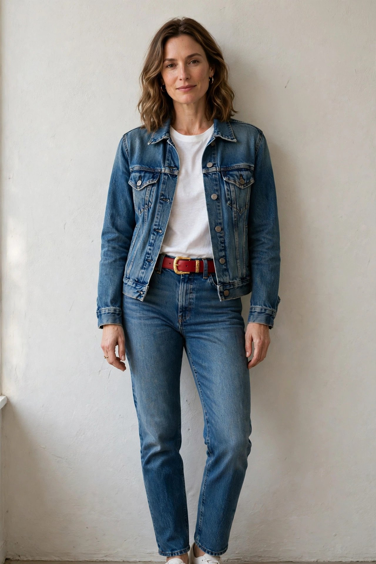 woman in double denim outfit with festive red belt