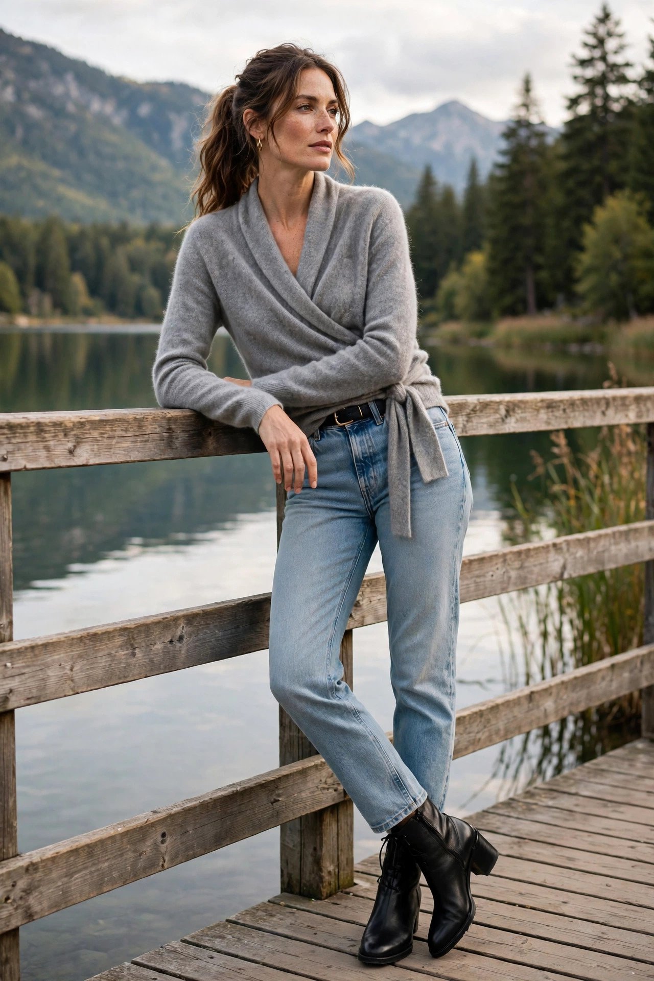 woman in soft gray cashmere wrap sweater and straight jeans
