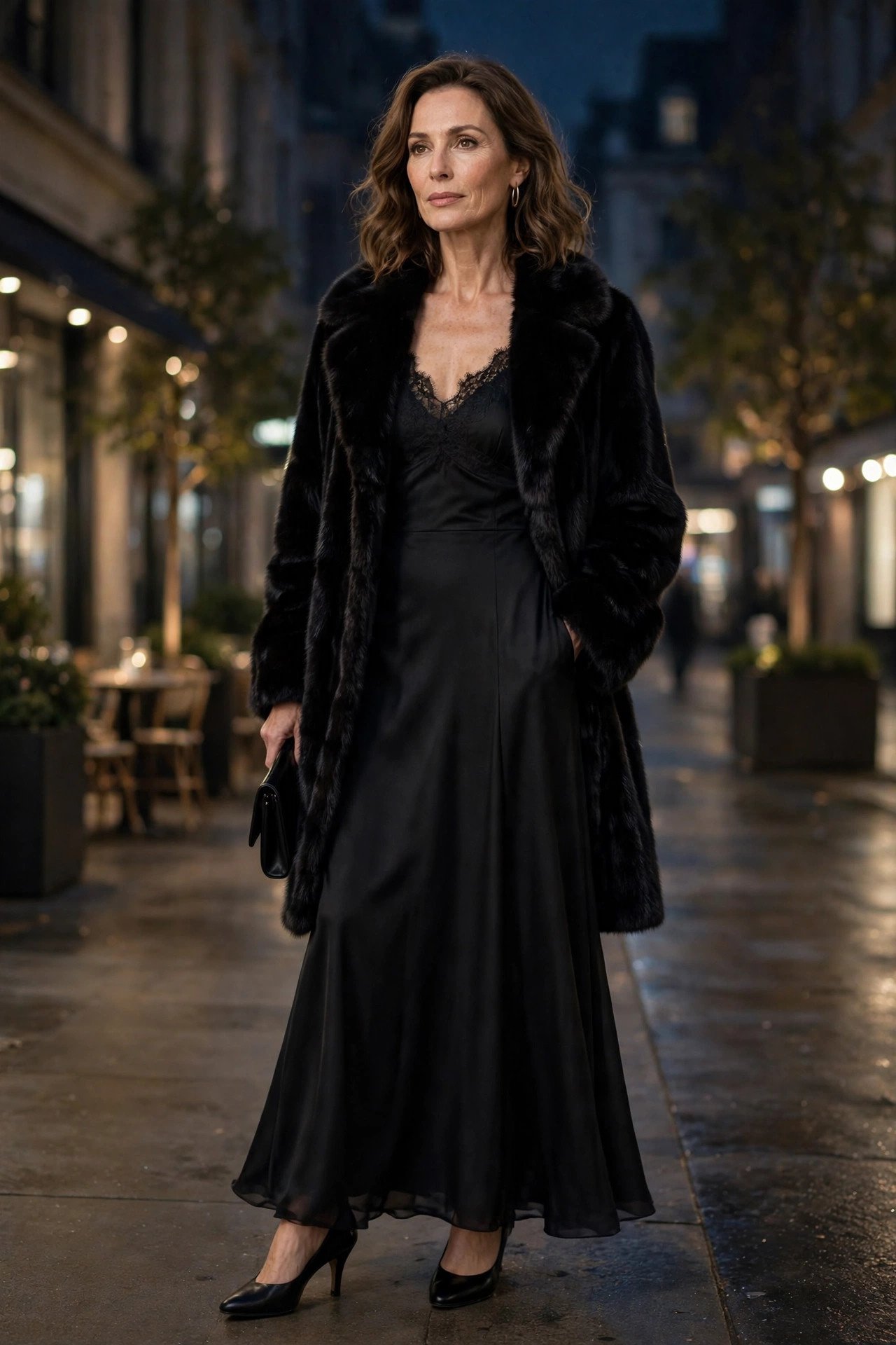 Woman in black fur coat with over-the-knee boots indoors