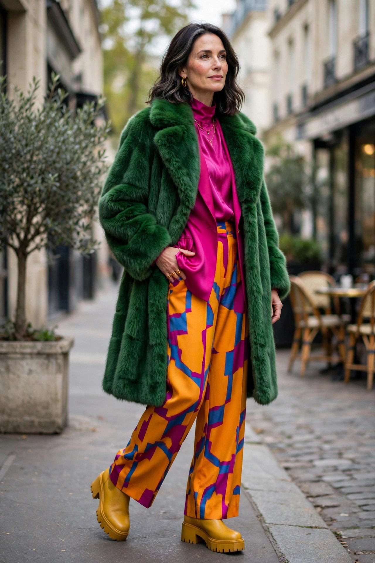 Woman in green fur coat with black gloves