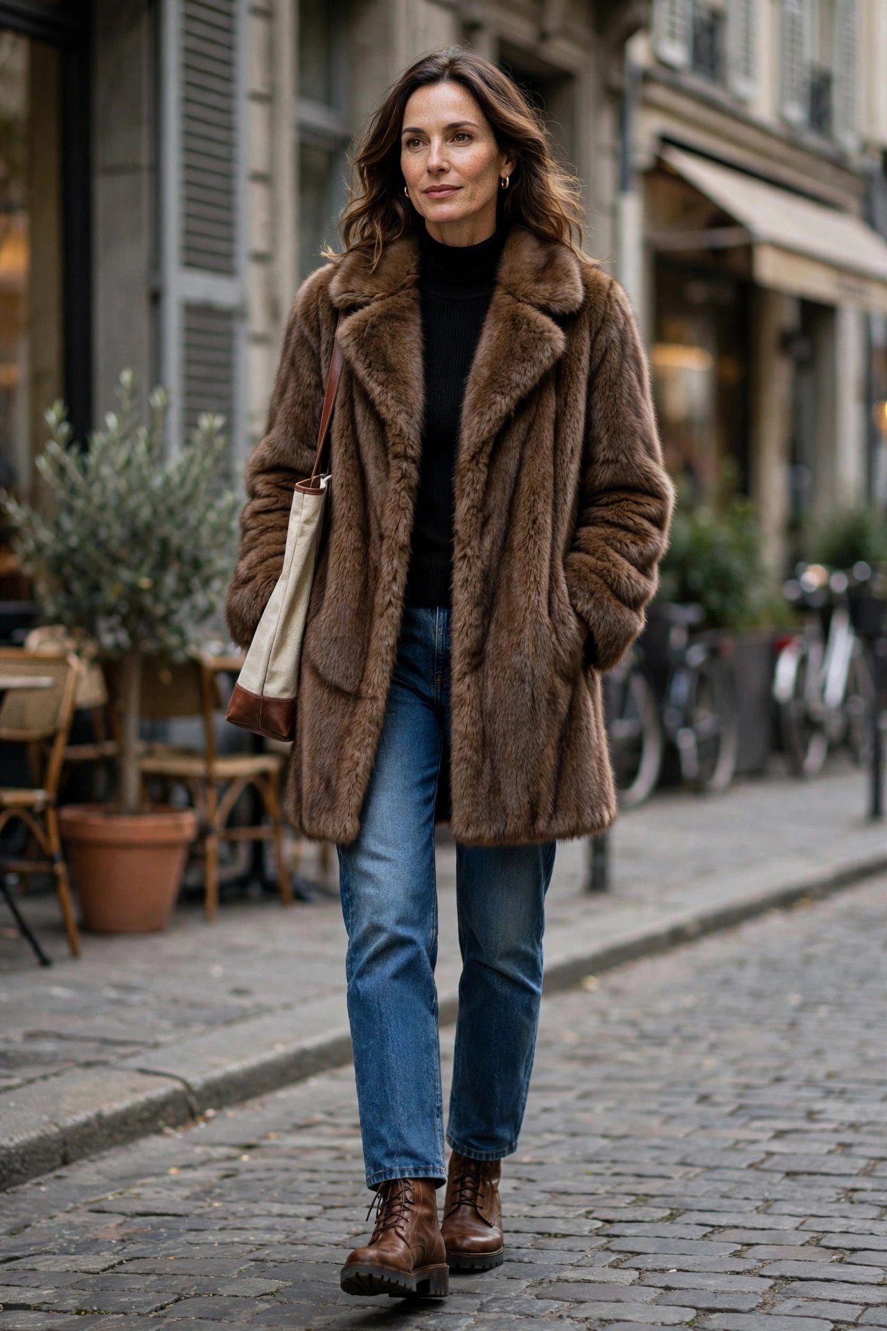 Woman in fur coat in falling snow in the city