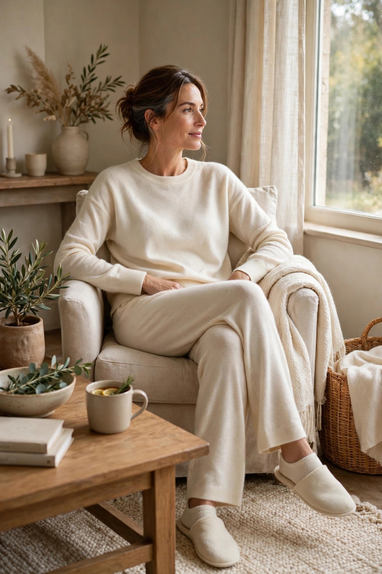 Woman in brown fur coat sitting on a chair