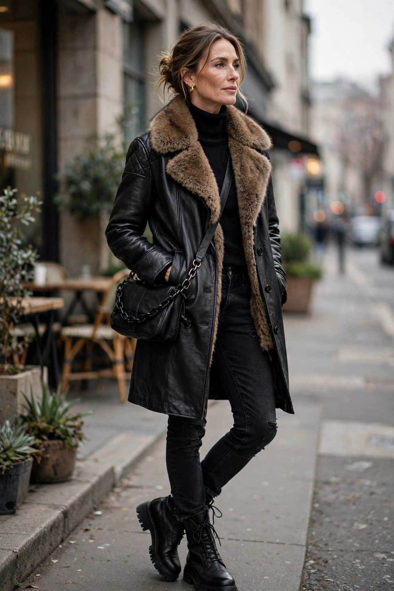 Woman in black leather coat with fur in New York