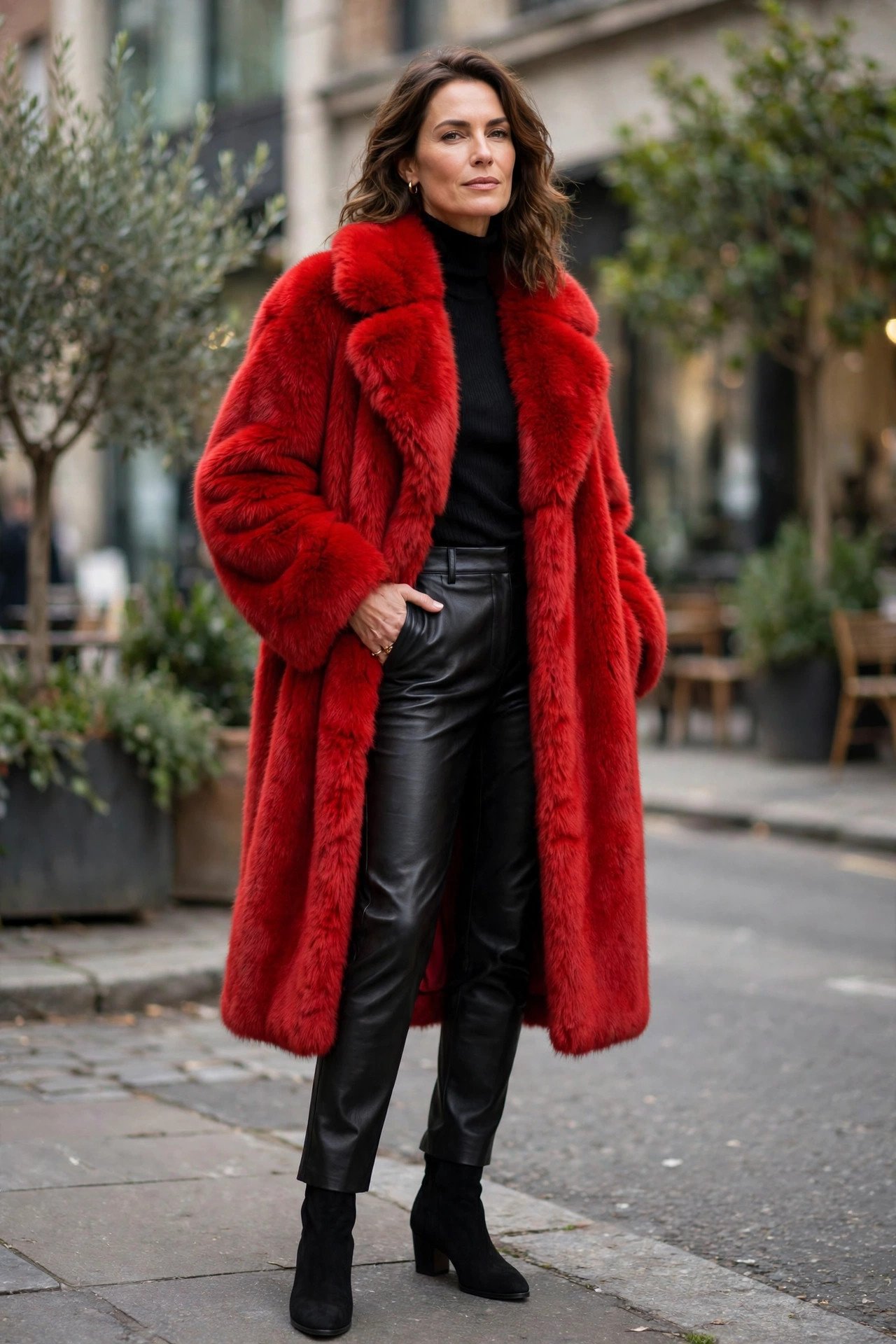 Model in vibrant green faux fur coat