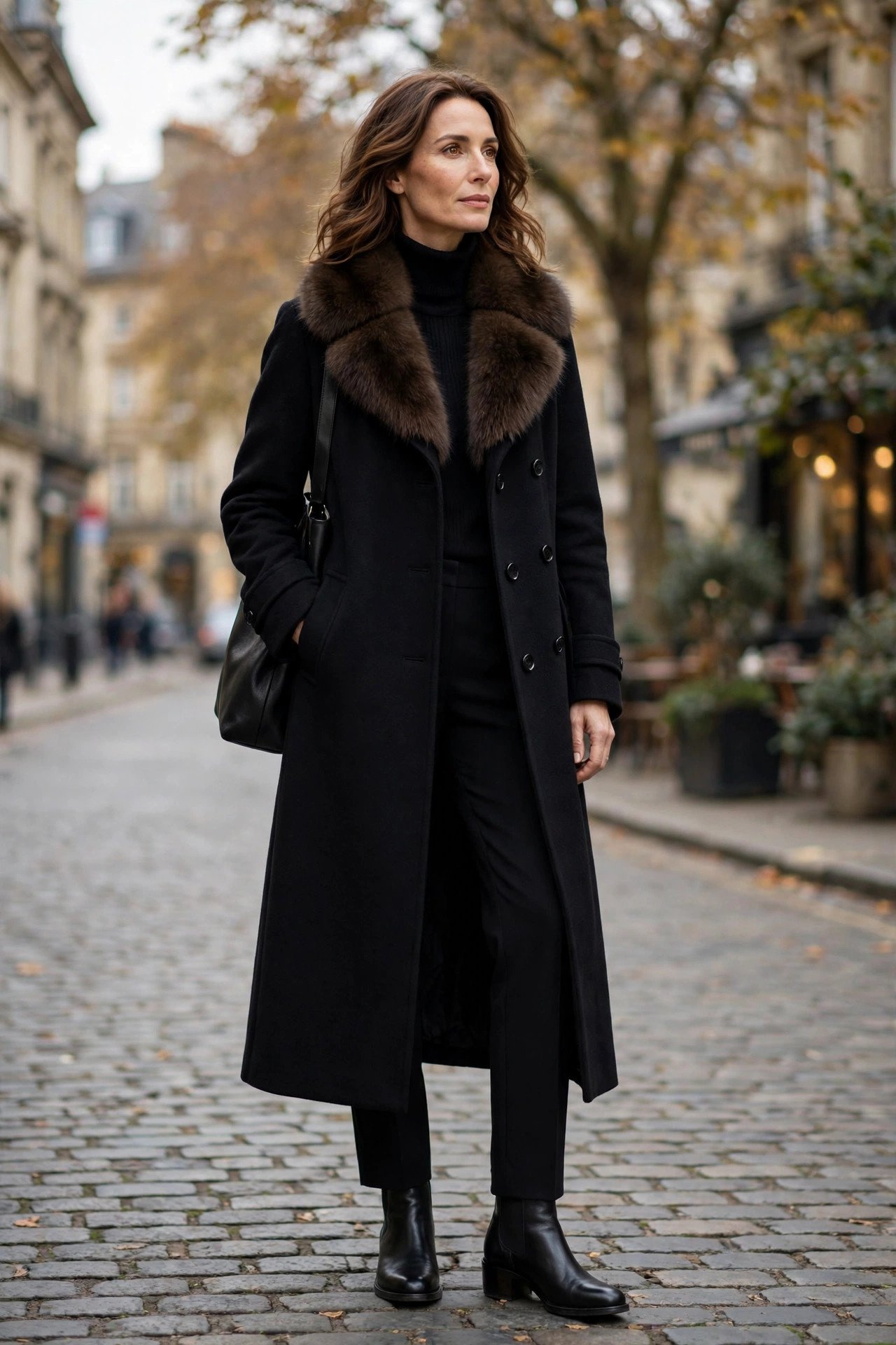 Woman in black coat with fur trim sitting on stairs