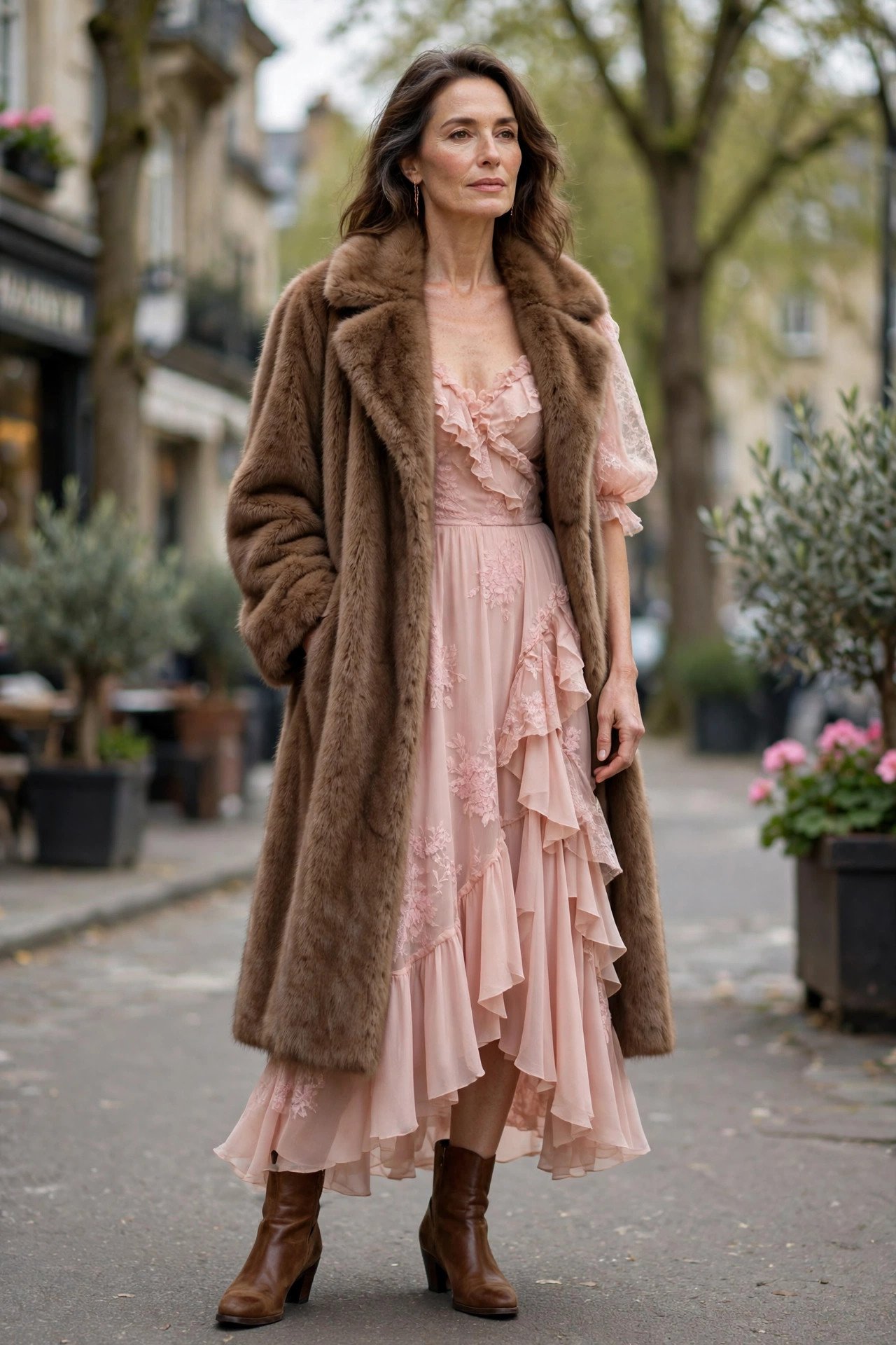 Woman in brown fur coat wearing a flower headband